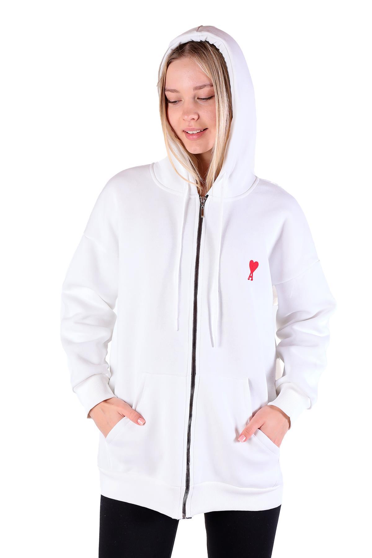 9142M Kalp Nakış Detay Fermuarlı Sweat Ekru - 3