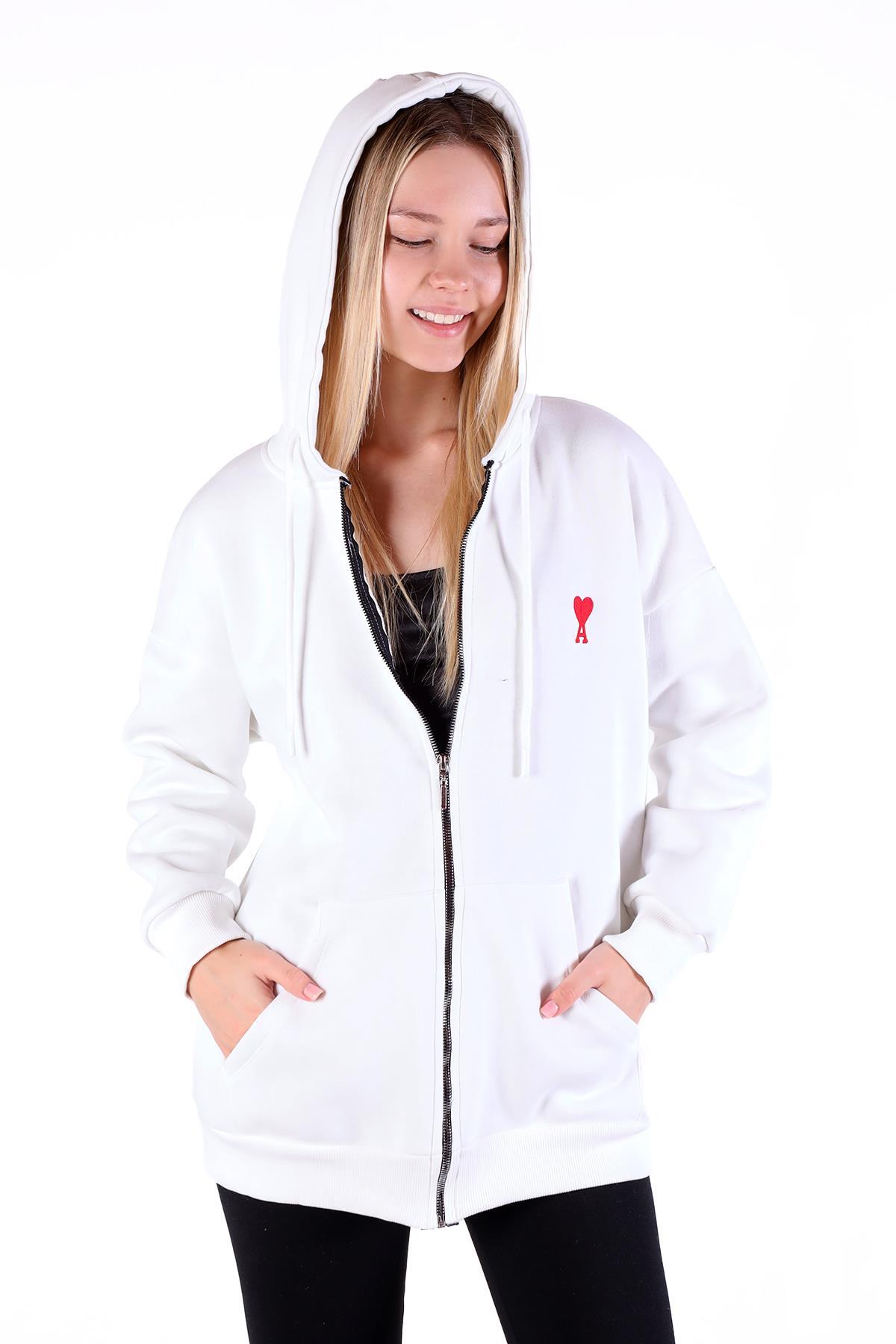 9142M Kalp Nakış Detay Fermuarlı Sweat Ekru - 7