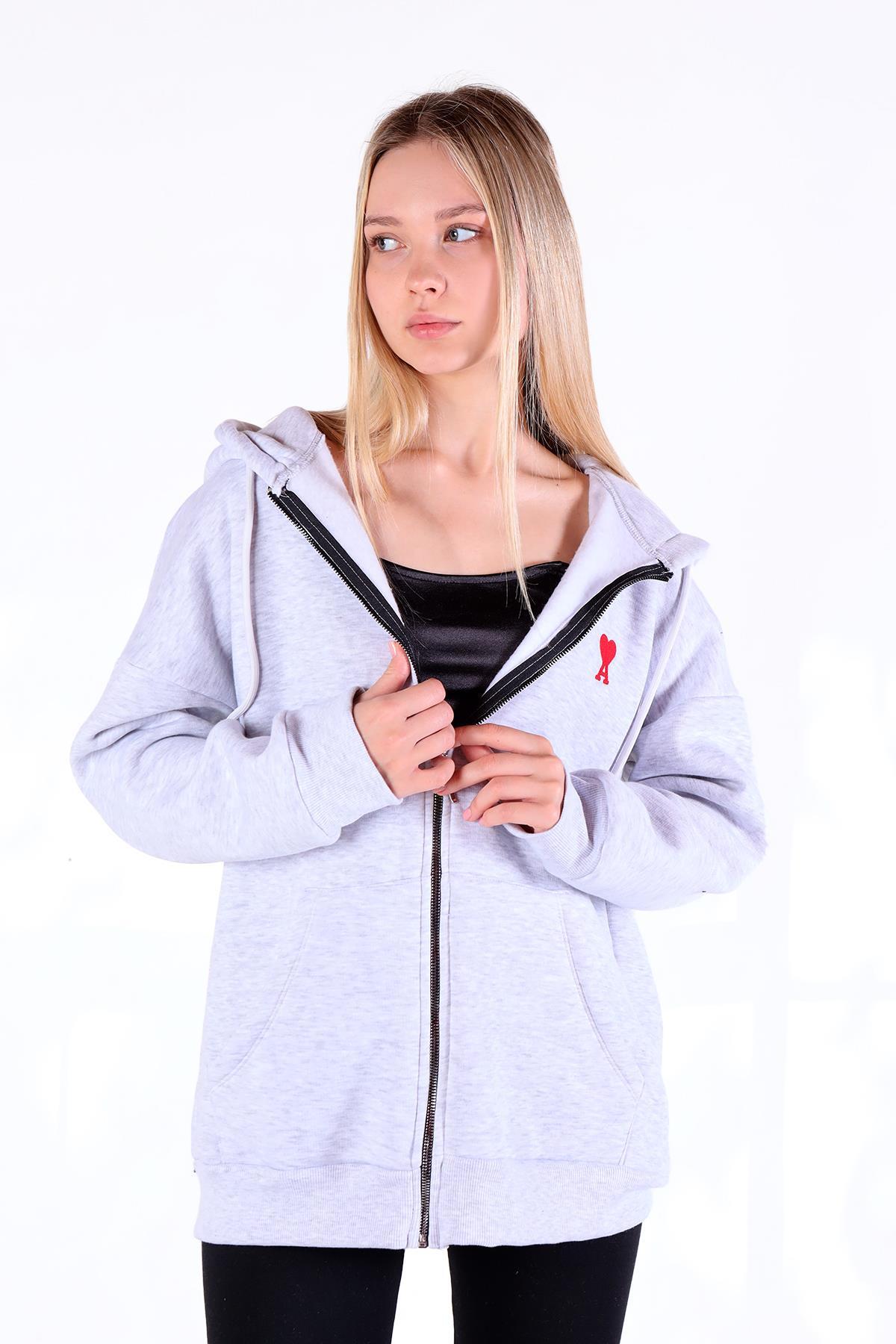 9142M Kalp Nakış Detay Fermuarlı Sweat Karmelanj - 2