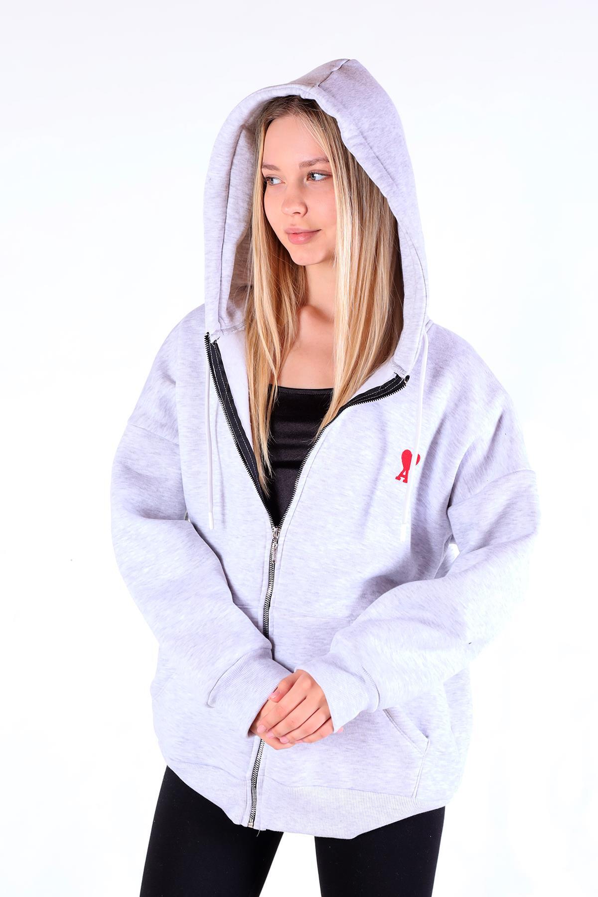 9142M Kalp Nakış Detay Fermuarlı Sweat Karmelanj - 3