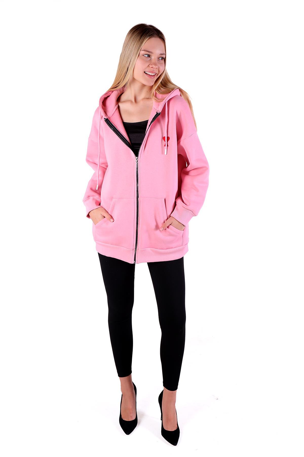 9142M Kalp Nakış Detay Fermuarlı Sweat Pembe - 1