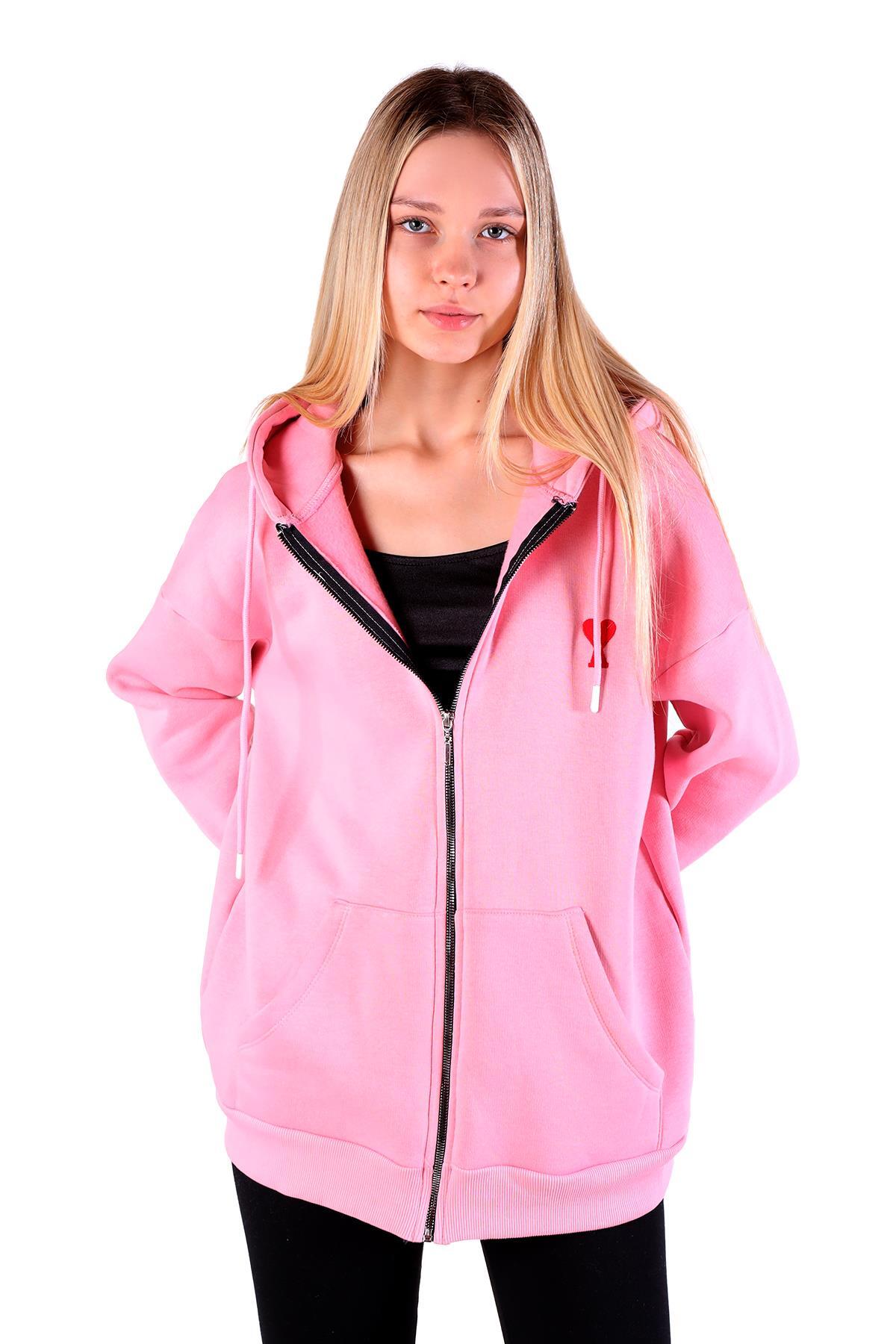 9142M Kalp Nakış Detay Fermuarlı Sweat Pembe - RAYS