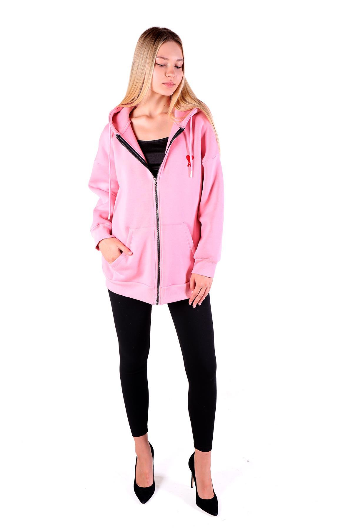 9142M Kalp Nakış Detay Fermuarlı Sweat Pembe - 8