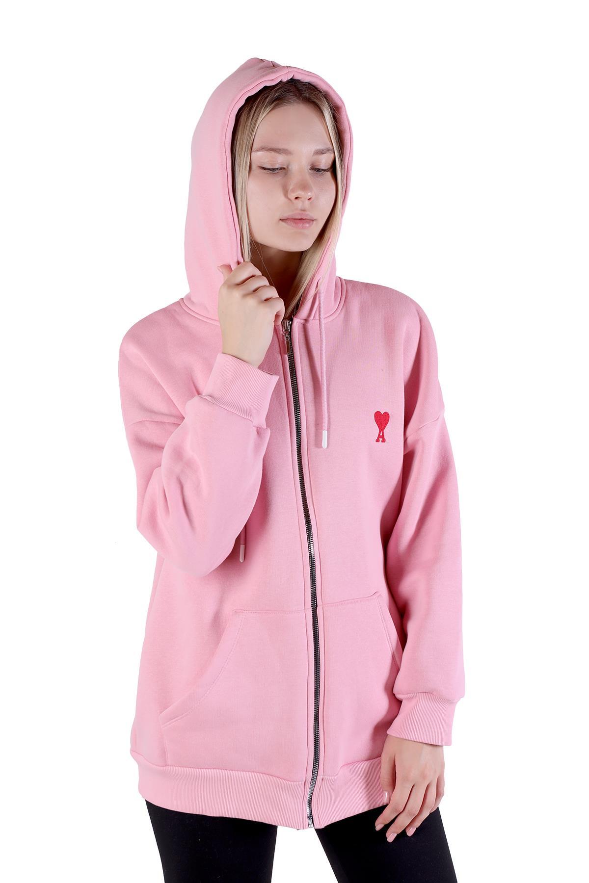 Pembe Kalp Nakış Detay Fermuarlı Sweat 9142M - 3