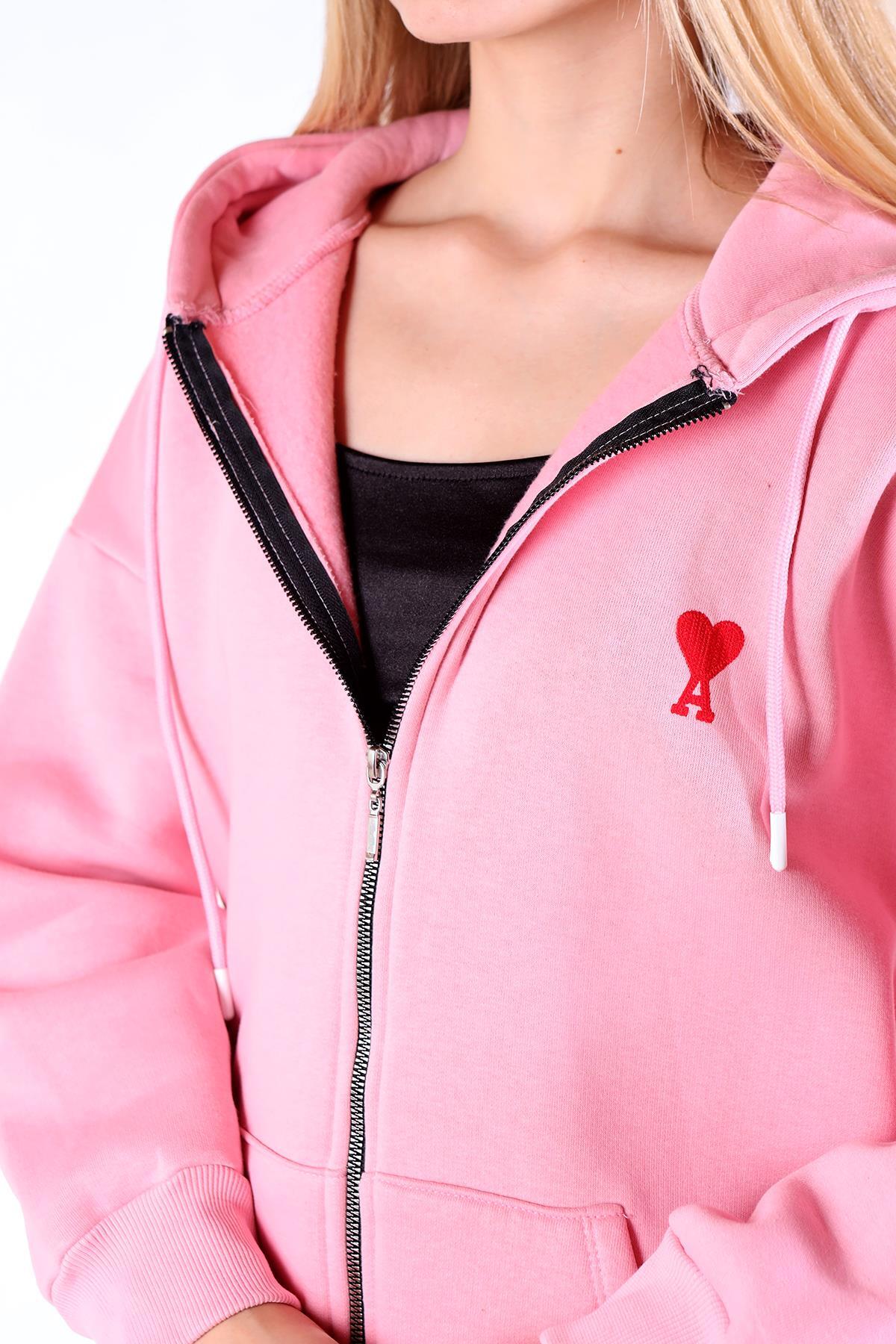 Pembe Kalp Nakış Detay Fermuarlı Sweat 9142M - 4