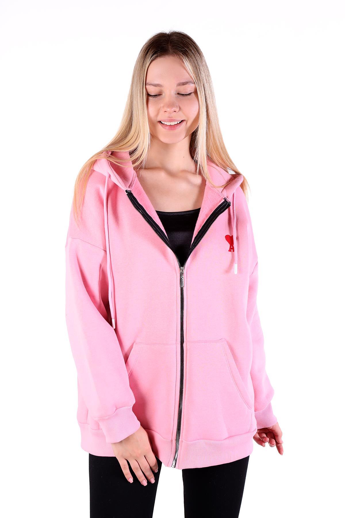 Pembe Kalp Nakış Detay Fermuarlı Sweat 9142M - 6