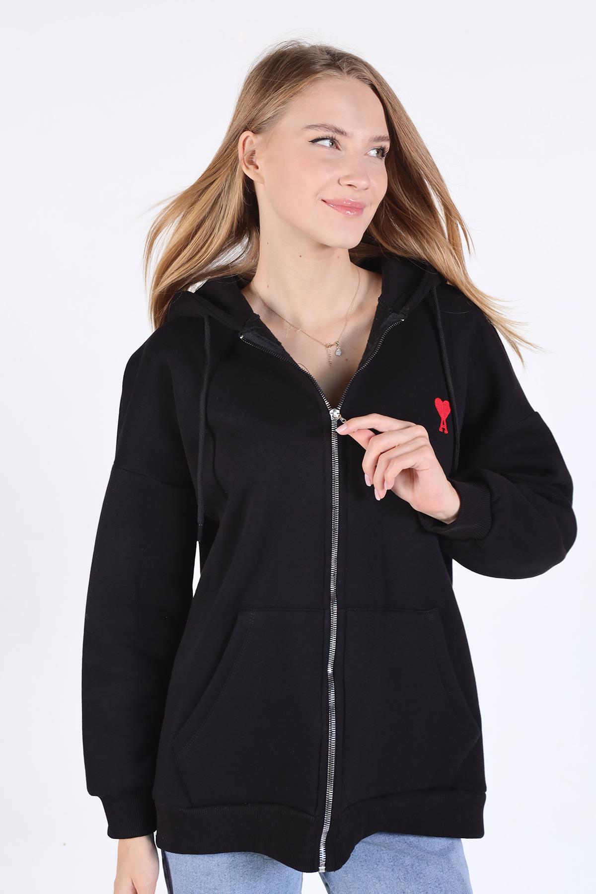 Siyah Kalp Nakış Detay Fermuarlı Sweat 9142M - 1