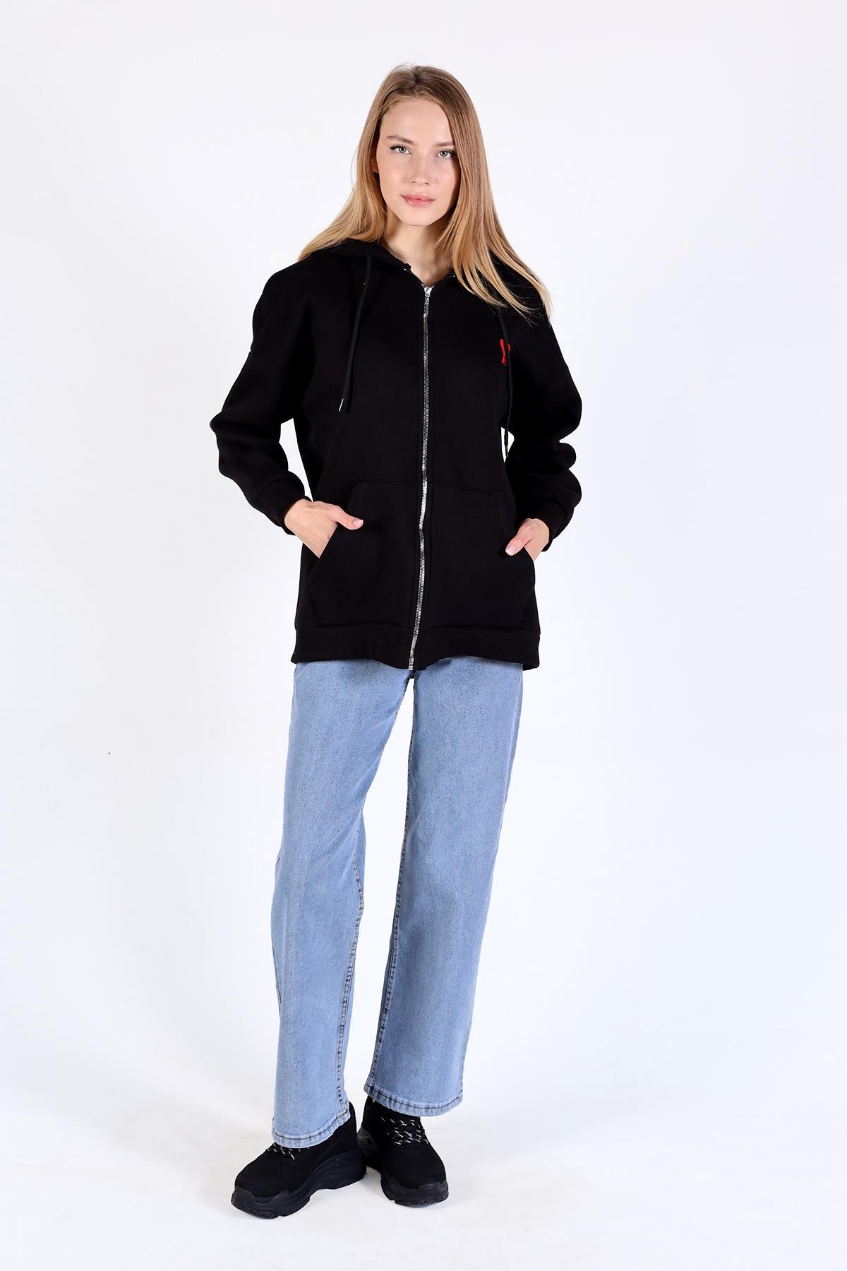 Siyah Kalp Nakış Detay Fermuarlı Sweat 9142M - 2