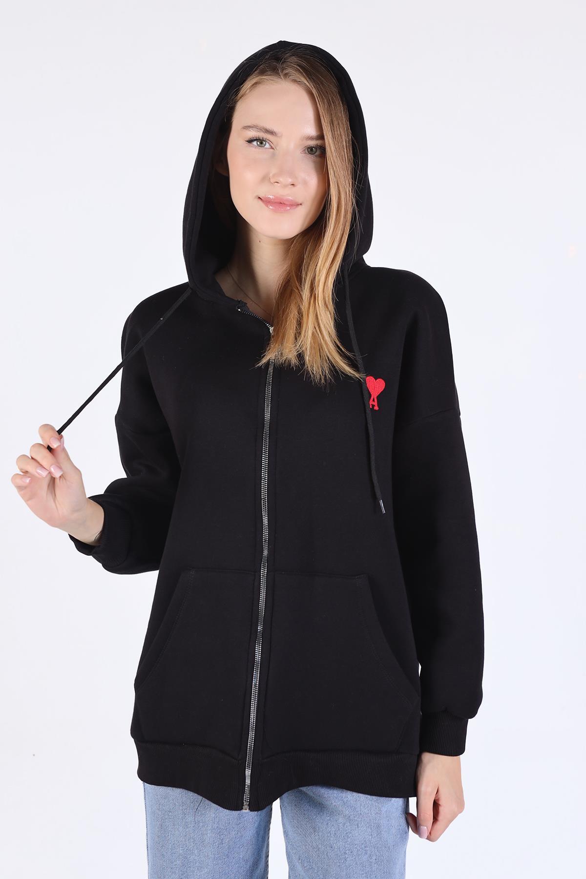 Siyah Kalp Nakış Detay Fermuarlı Sweat 9142M - 3