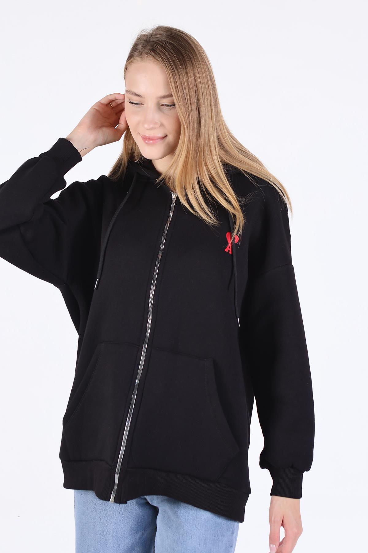 Siyah Kalp Nakış Detay Fermuarlı Sweat 9142M - 4