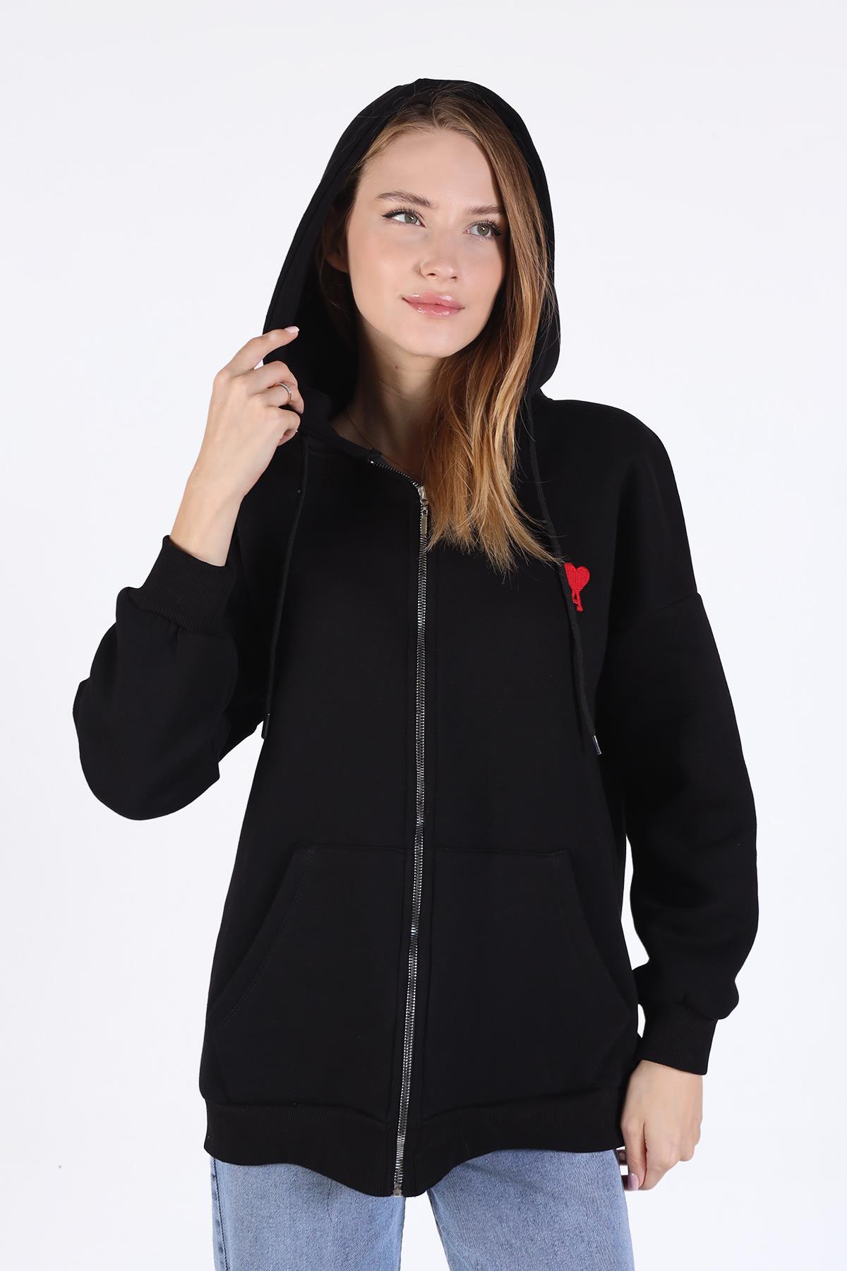 Siyah Kalp Nakış Detay Fermuarlı Sweat 9142M - 6