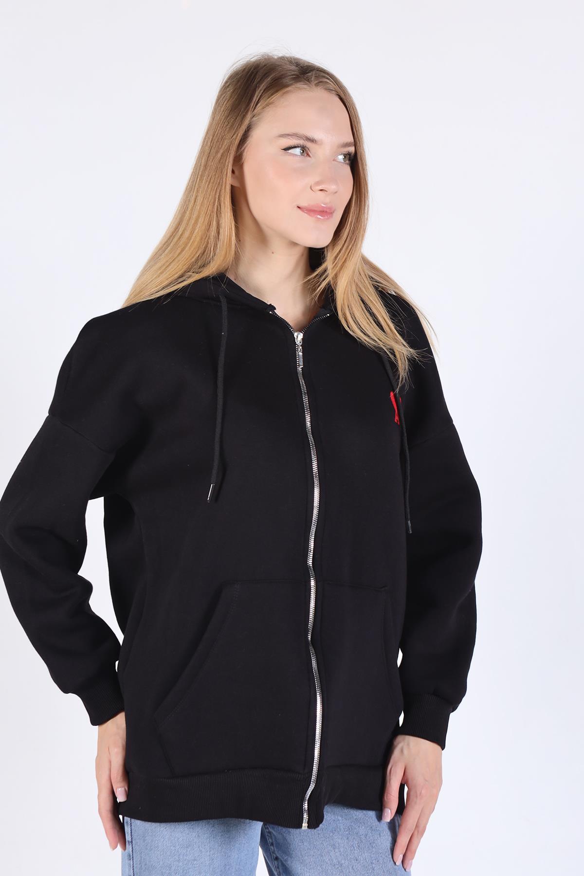 Siyah Kalp Nakış Detay Fermuarlı Sweat 9142M - 7