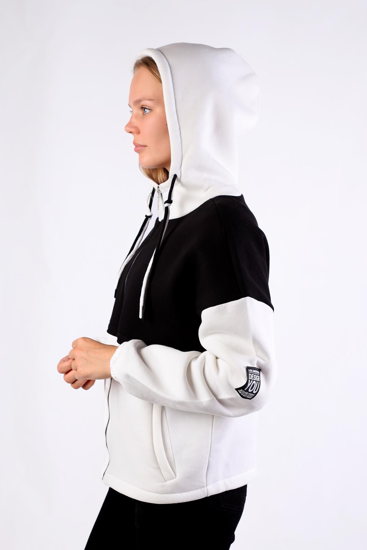 Ekru-Siyah Fermuar Detay Çift Renk Sweat 9144M - 6