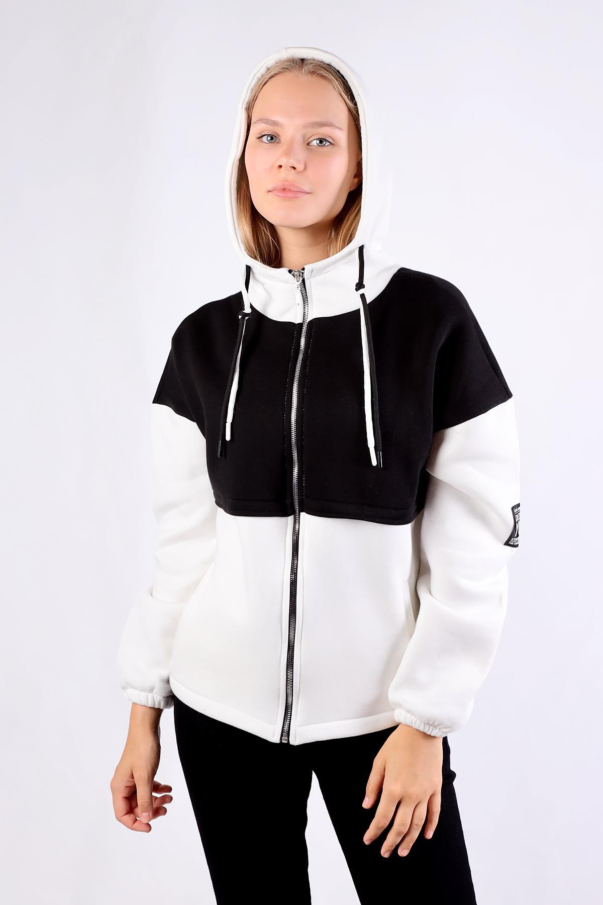Ekru-Siyah Fermuar Detay Çift Renk Sweat 9144M 