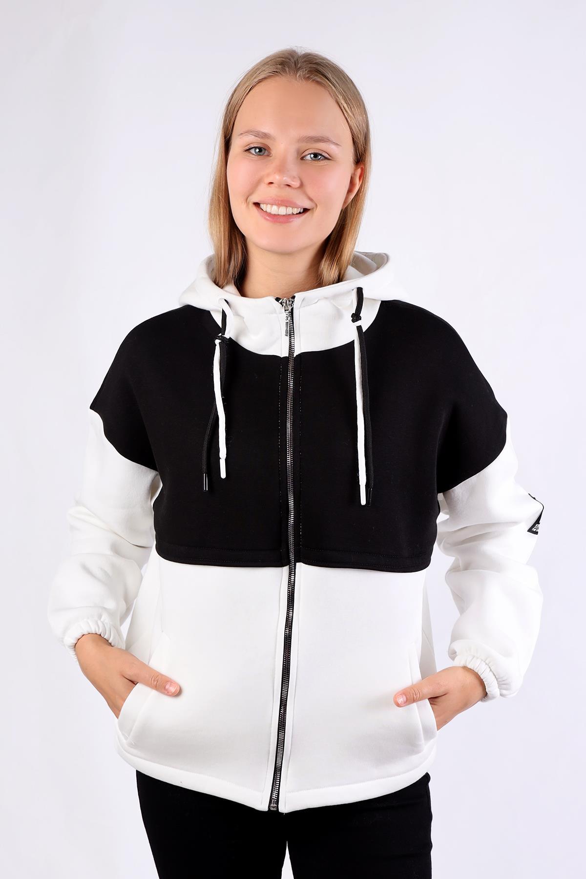 Ekru-Siyah Fermuar Detay Çift Renk Sweat 9144M - 2