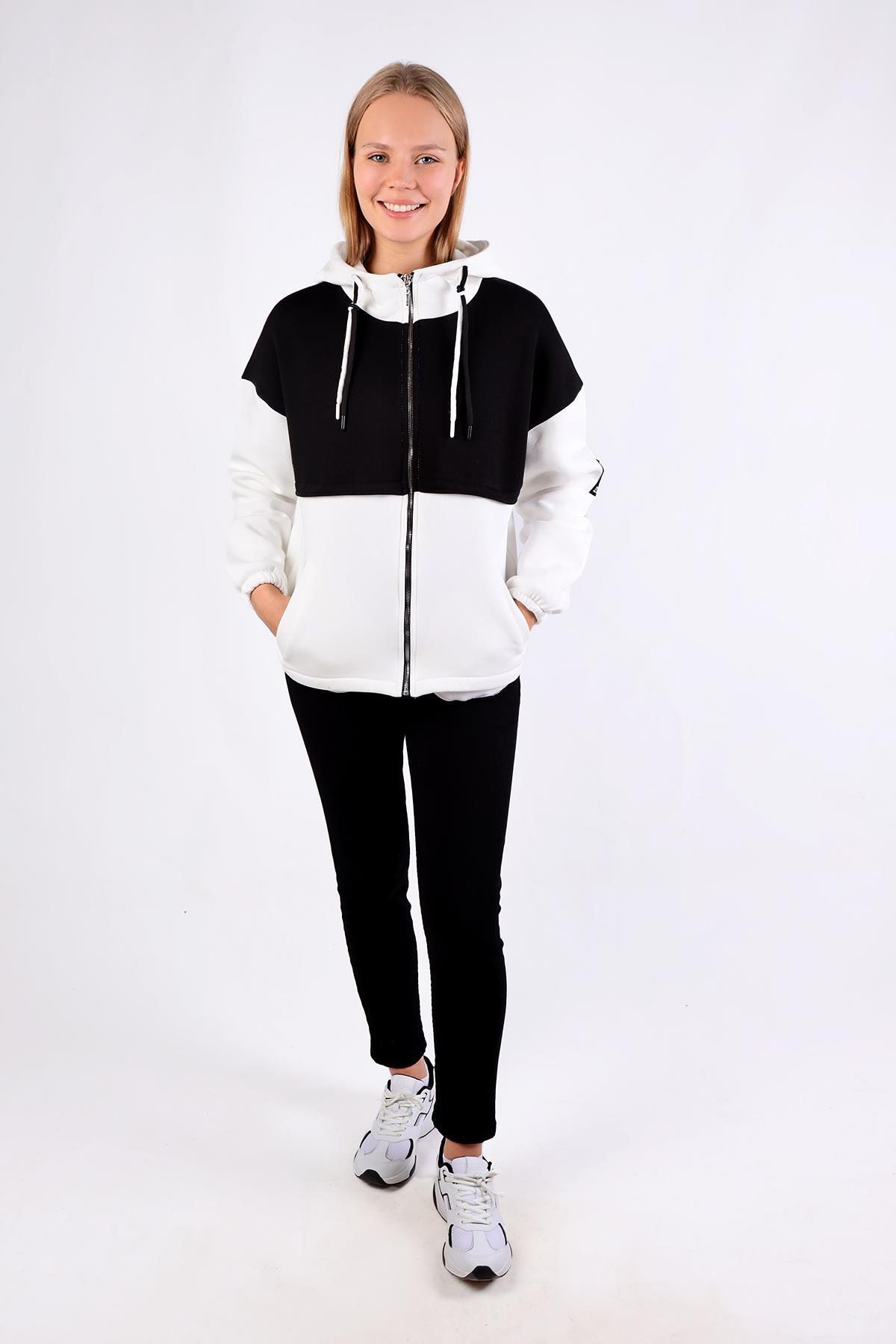 Ekru-Siyah Fermuar Detay Çift Renk Sweat 9144M - 3