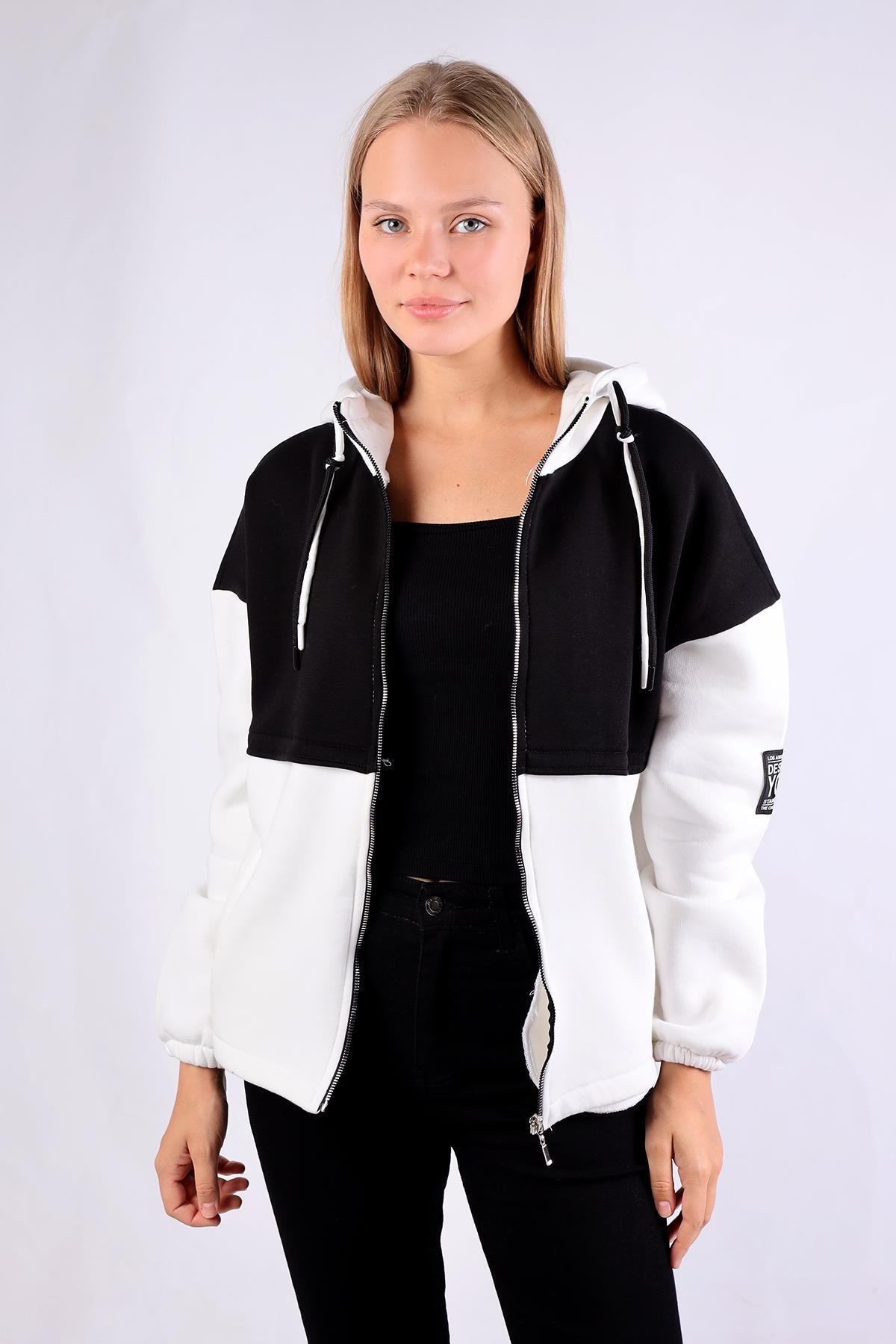 Ekru-Siyah Fermuar Detay Çift Renk Sweat 9144M - 4