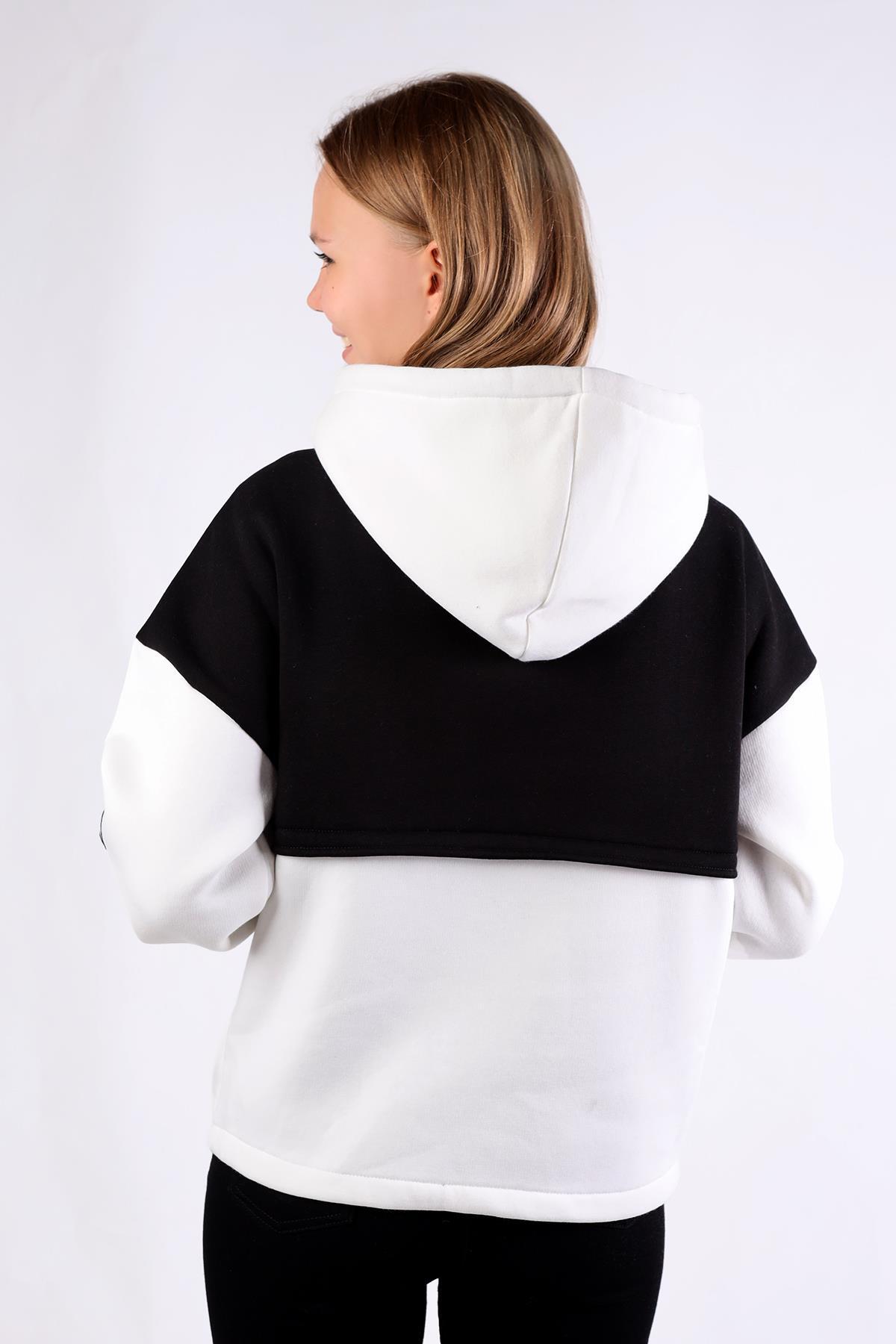 Ekru-Siyah Fermuar Detay Çift Renk Sweat 9144M - 5