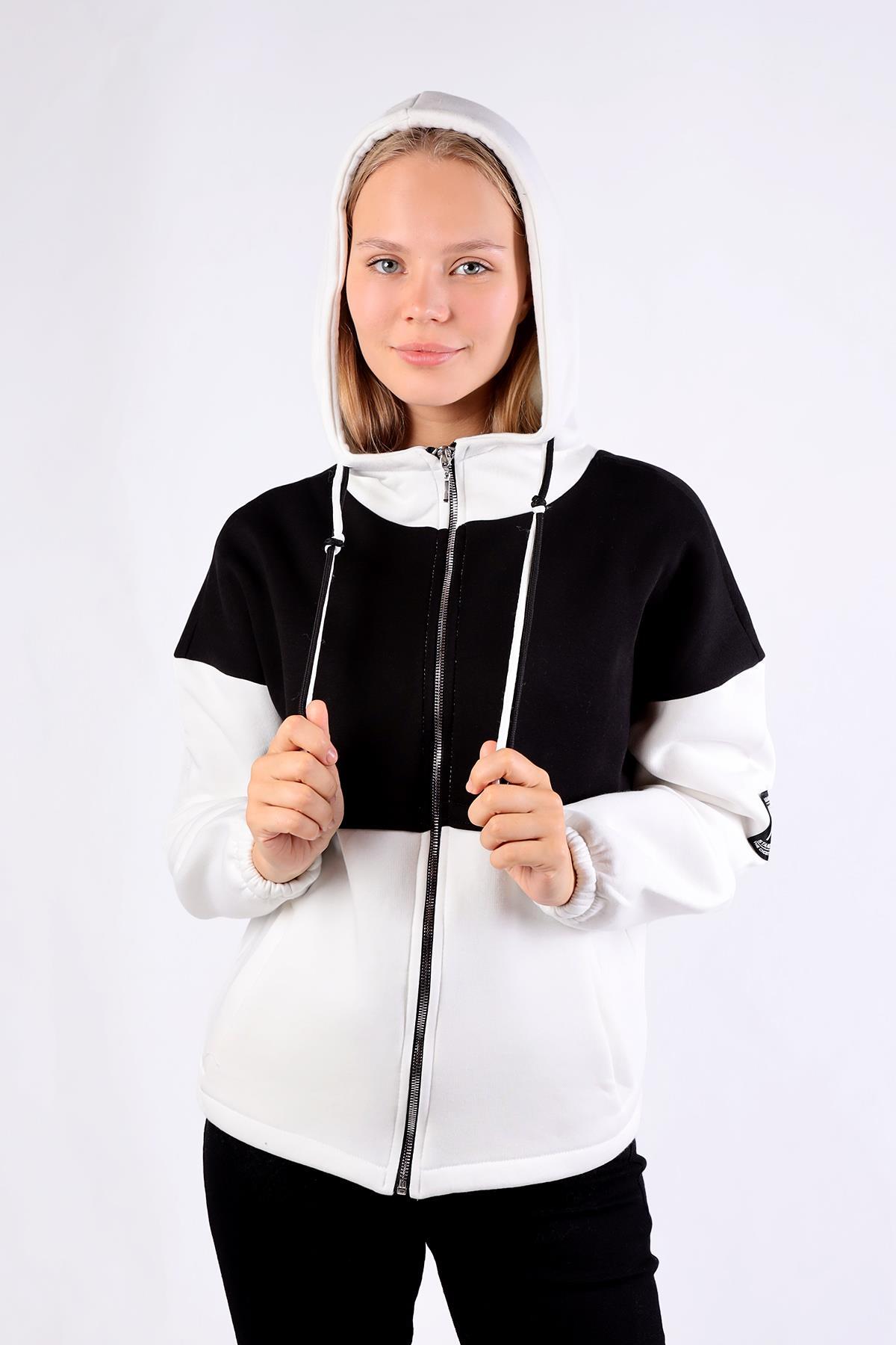 Ekru-Siyah Fermuar Detay Çift Renk Sweat 9144M - 7