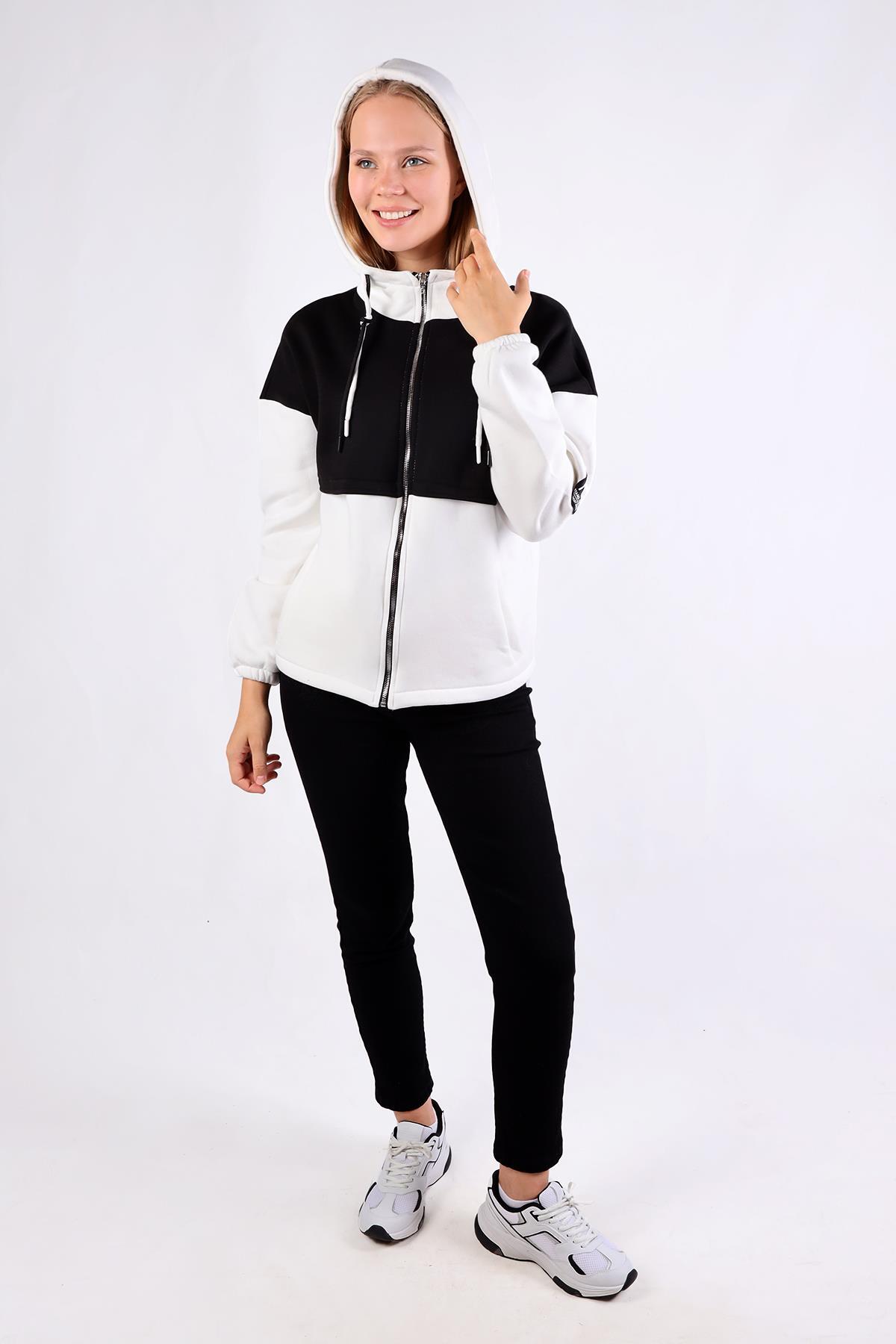 Ekru-Siyah Fermuar Detay Çift Renk Sweat 9144M - 8