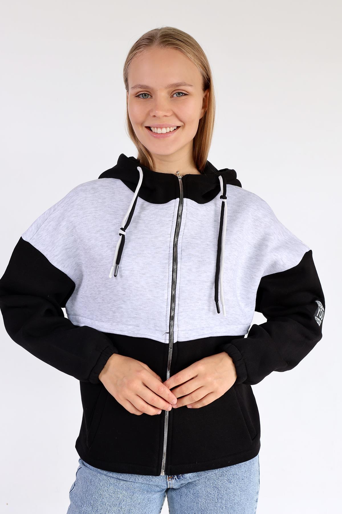 Siyah-Ekru Fermuar Detay Çift Renk Sweat 9144M - 1