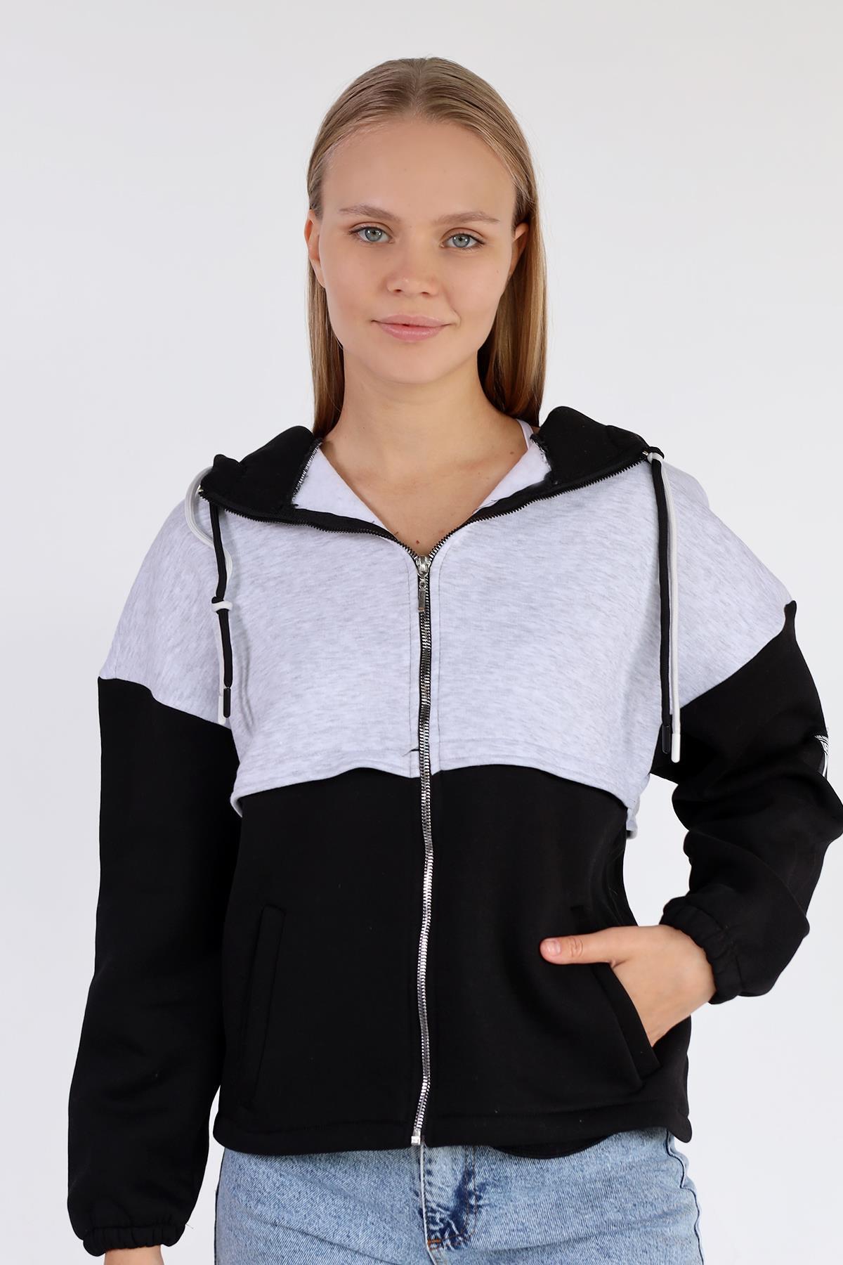 Siyah-Ekru Fermuar Detay Çift Renk Sweat 9144M - 3