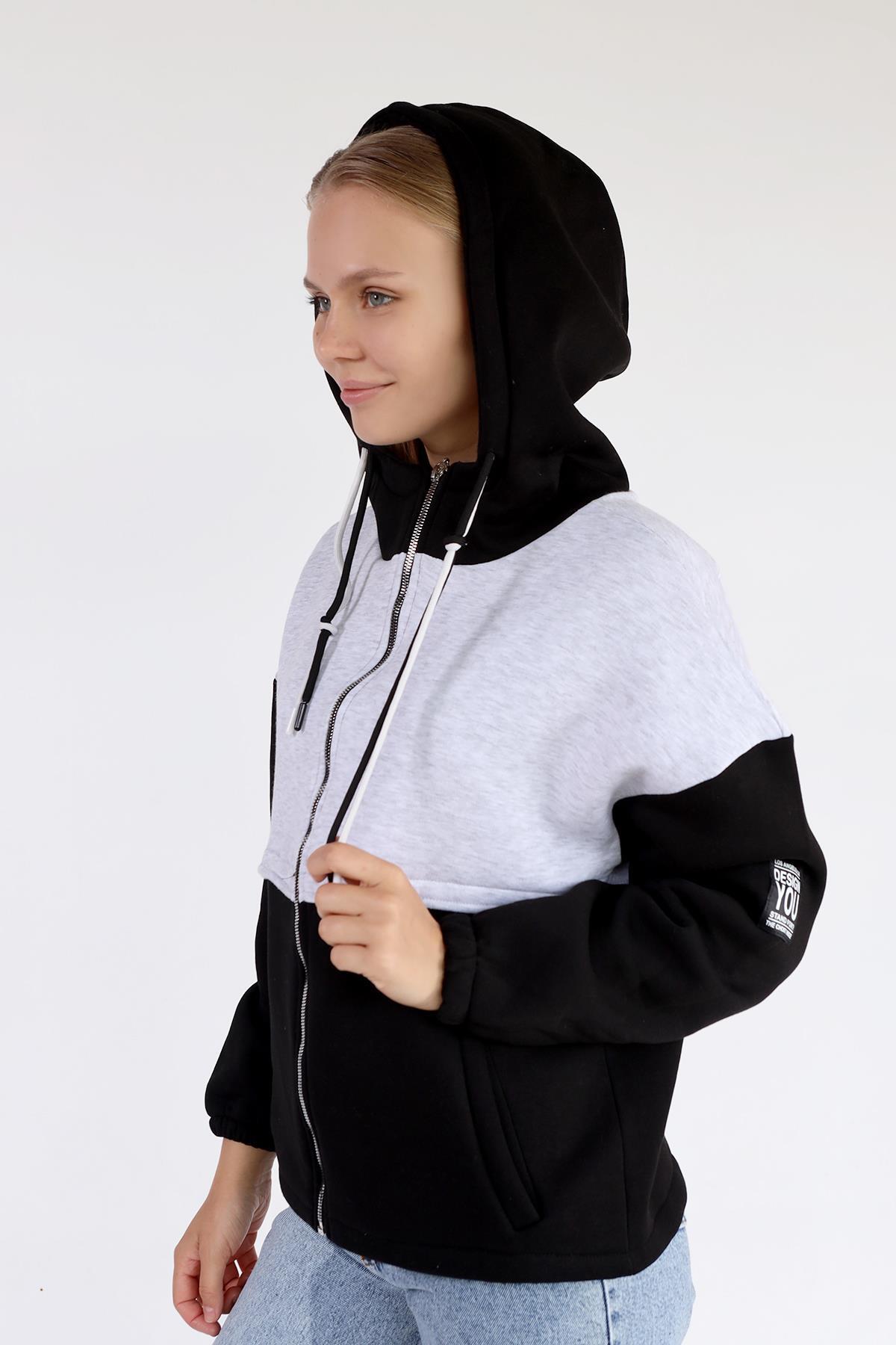 Siyah-Ekru Fermuar Detay Çift Renk Sweat 9144M - 4