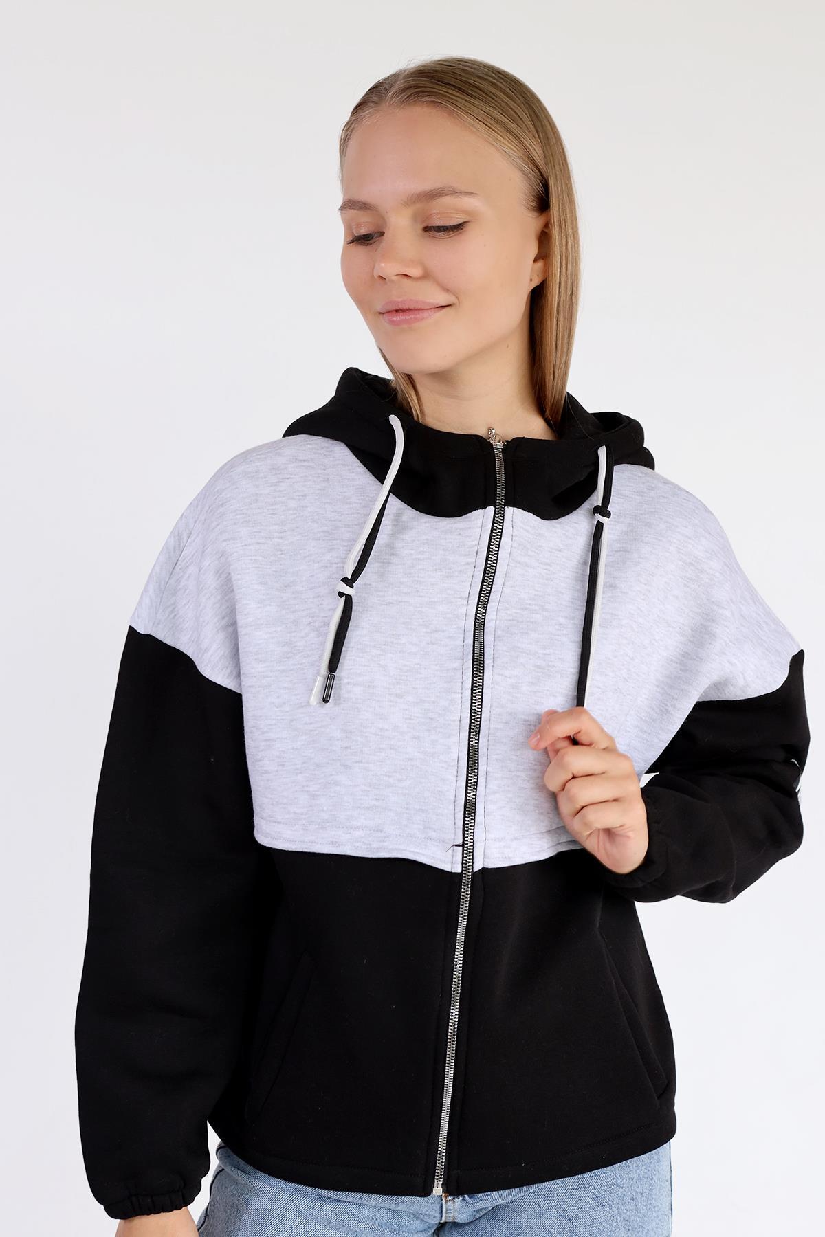 Siyah-Ekru Fermuar Detay Çift Renk Sweat 9144M - 7