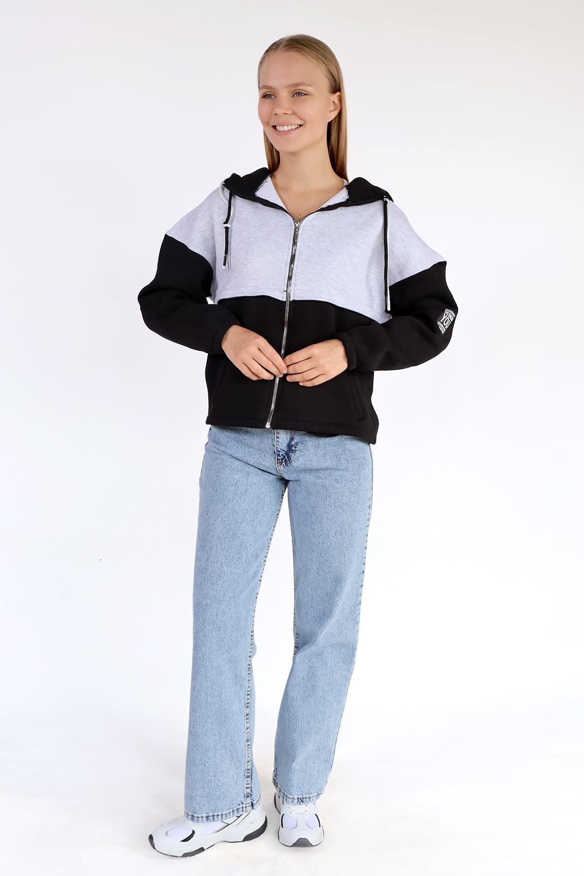 Siyah-Ekru Fermuar Detay Çift Renk Sweat 9144M - 8