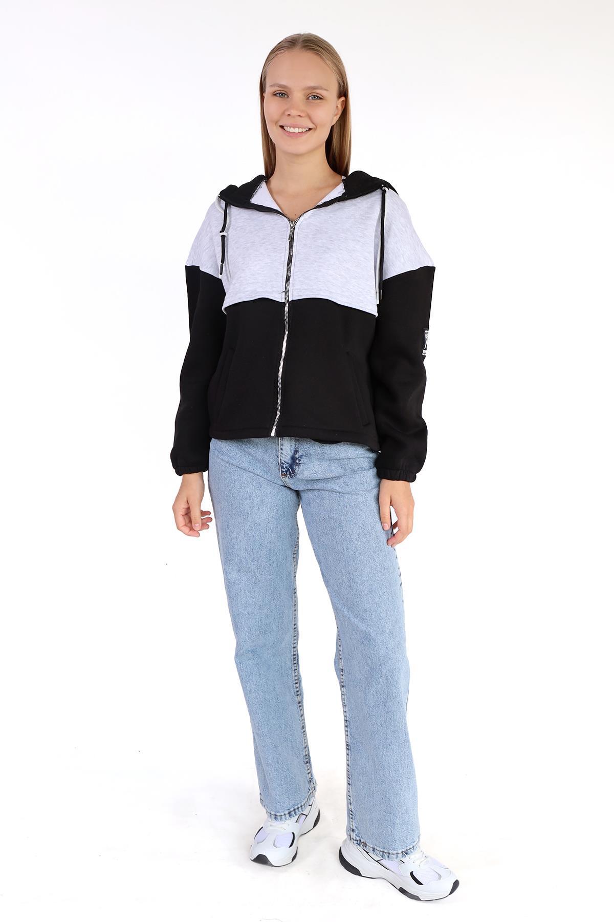 Siyah-Ekru Fermuar Detay Çift Renk Sweat 9144M - 2