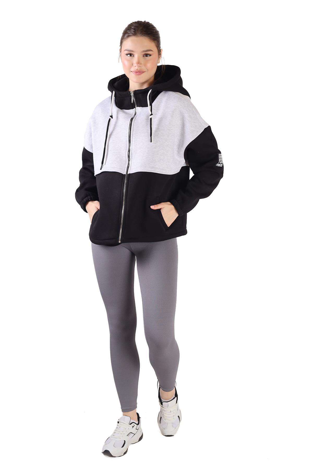 9144M Fermuar Detay Çift Renk Sweat Siyah-Gri 