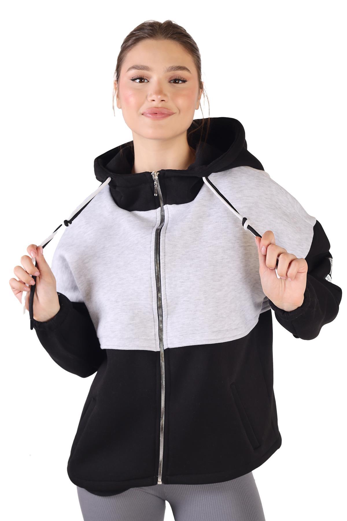 9144M Fermuar Detay Çift Renk Sweat Siyah-Gri - 2