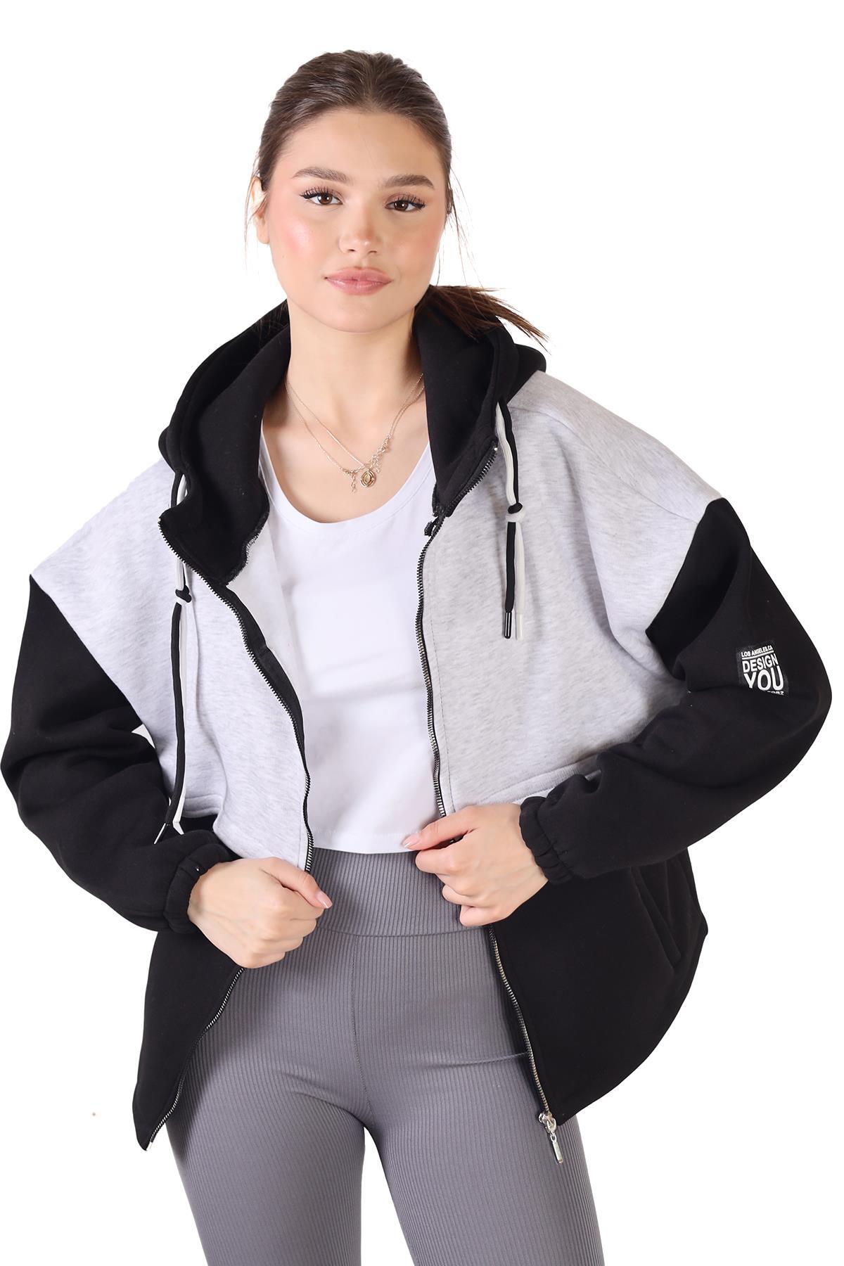 9144M Fermuar Detay Çift Renk Sweat Siyah-Gri - 3