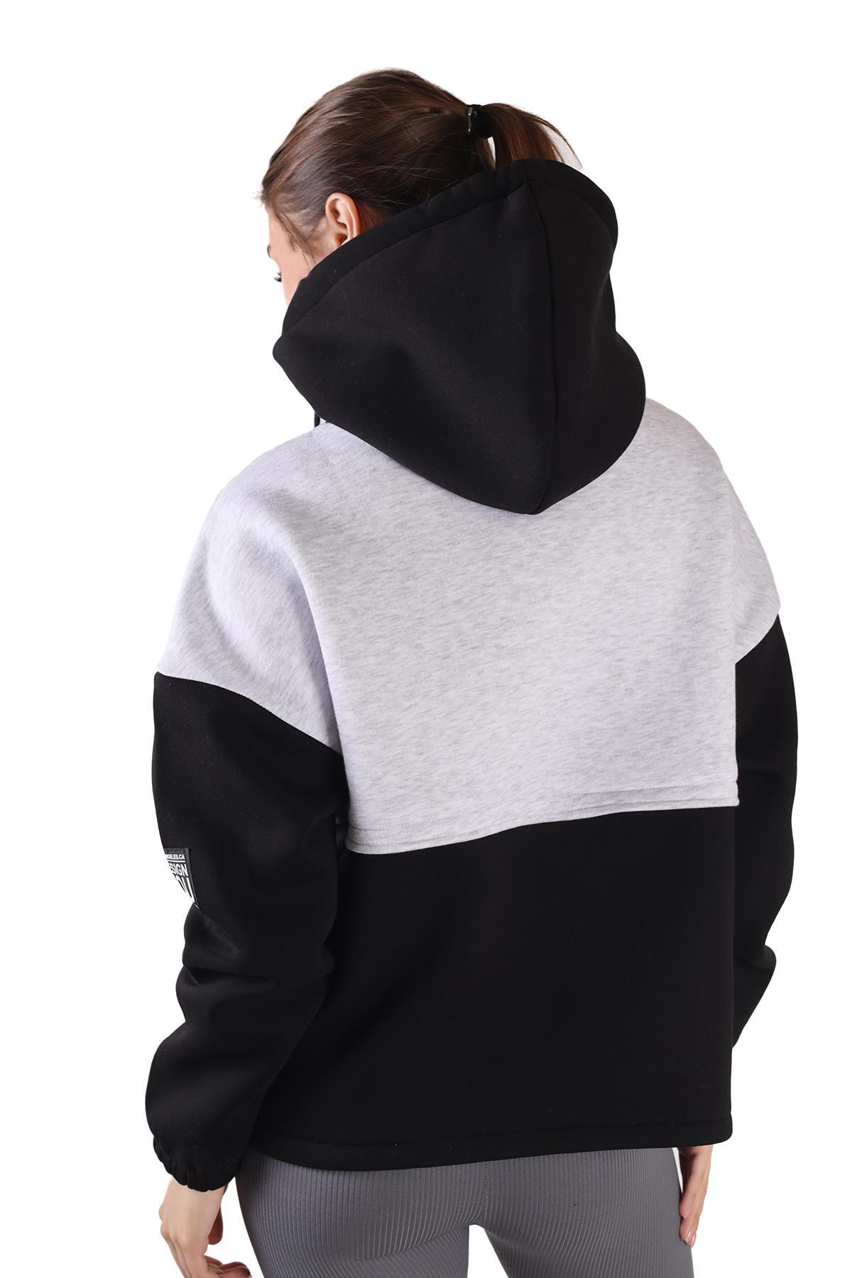 9144M Fermuar Detay Çift Renk Sweat Siyah-Gri - 5