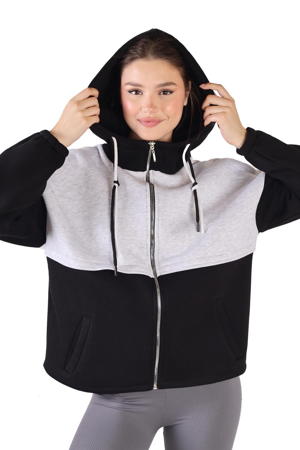 9144M Fermuar Detay Çift Renk Sweat Siyah-Gri - 6