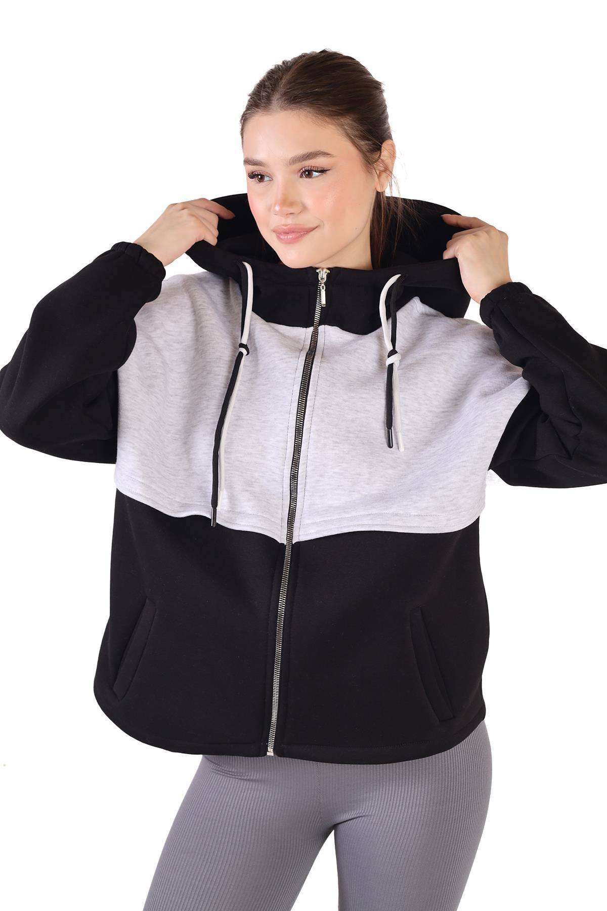 9144M Fermuar Detay Çift Renk Sweat Siyah-Gri - 7