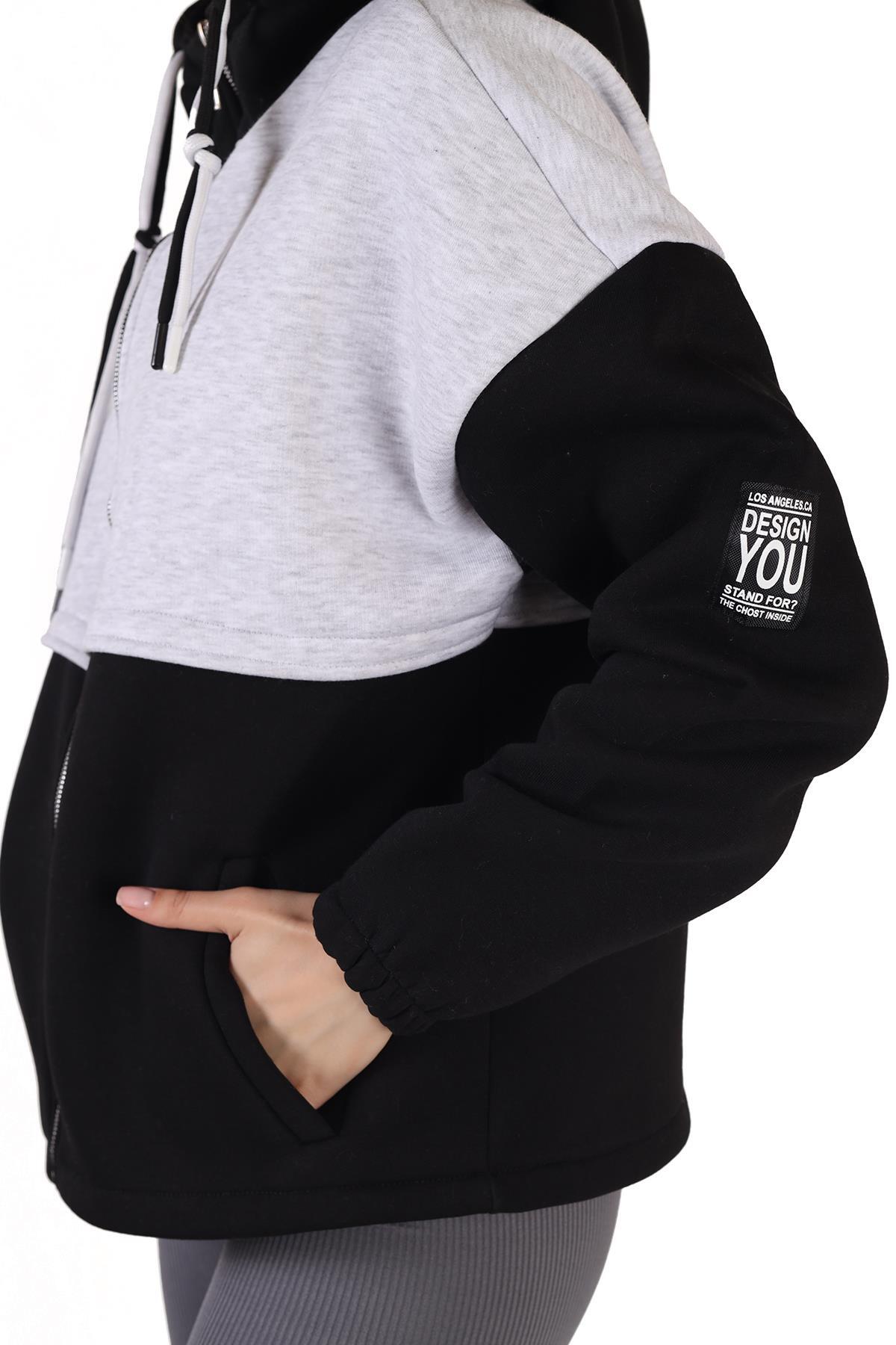 9144M Fermuar Detay Çift Renk Sweat Siyah-Gri - 8