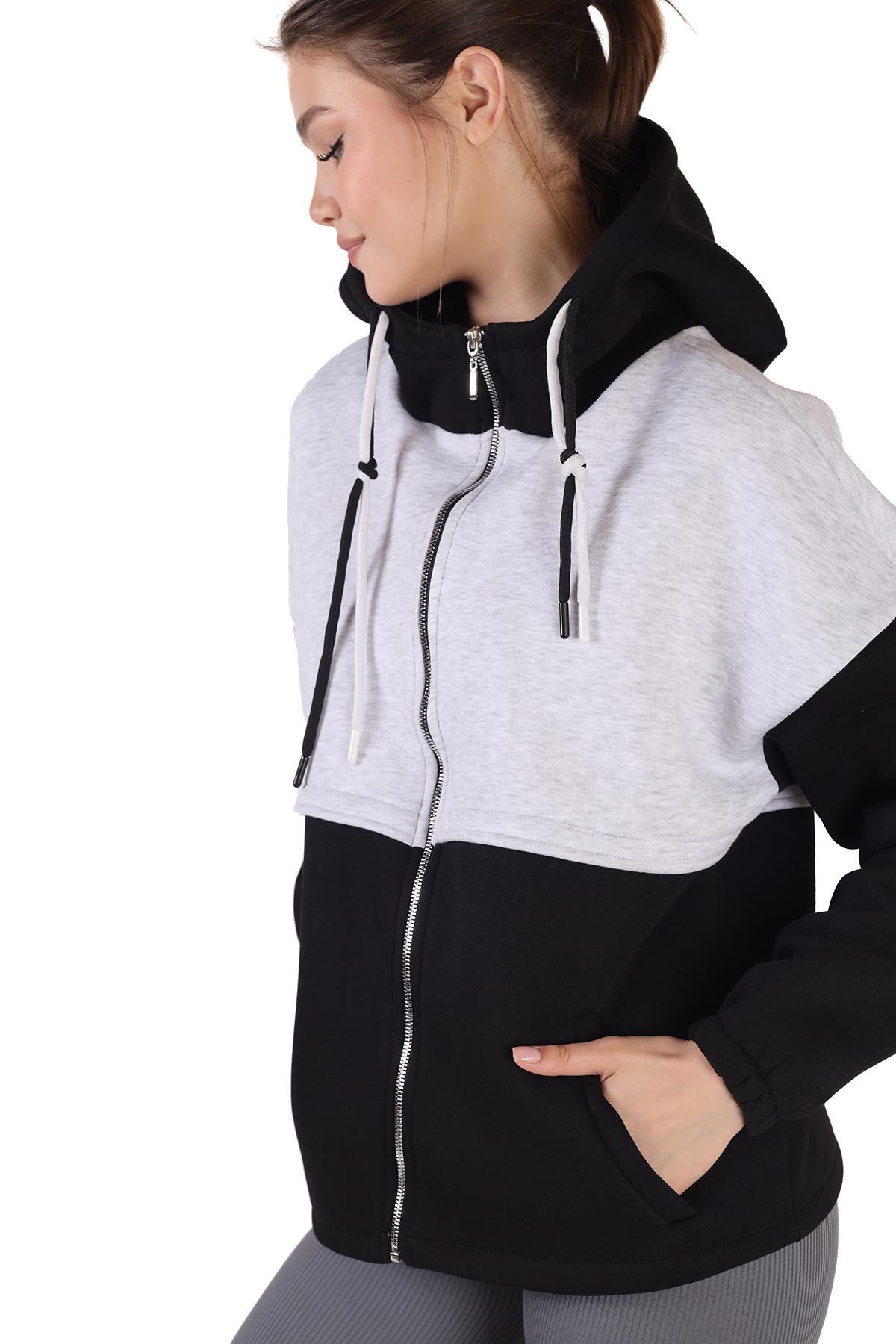 Siyah-Gri Fermuar Detay Çift Renk Sweat 9144M - 4
