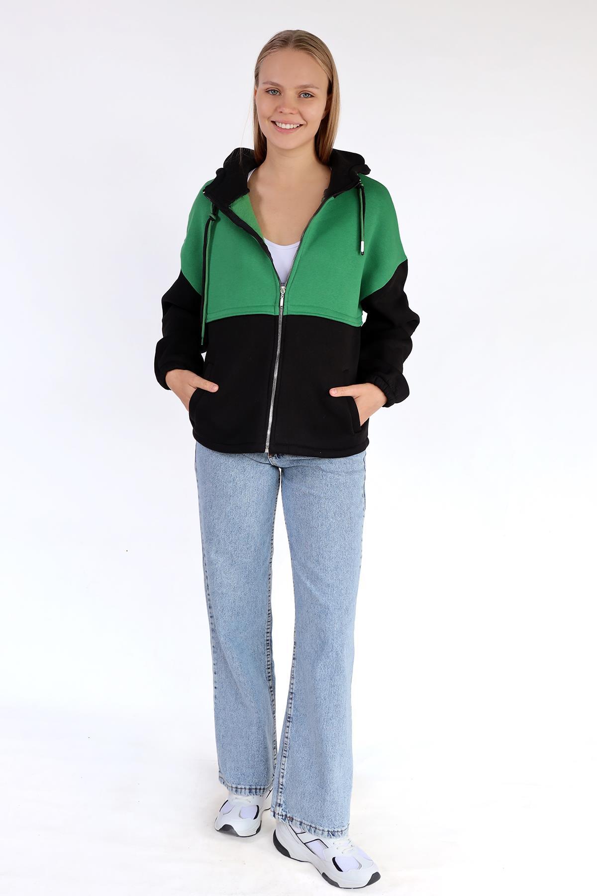 Siyah-Yeşil Fermuar Detay Çift Renk Sweat 9144M - 2