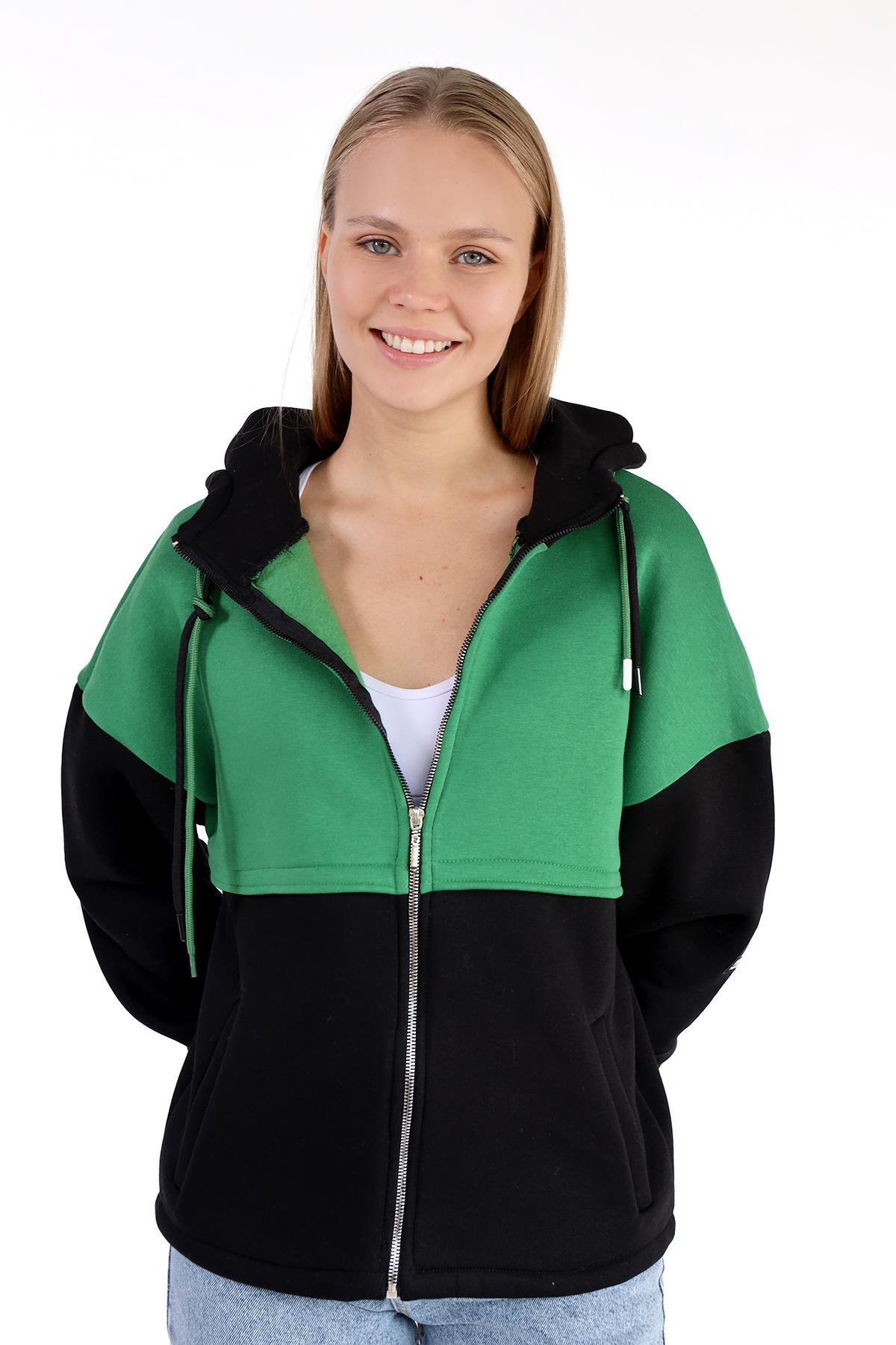 Siyah-Yeşil Fermuar Detay Çift Renk Sweat 9144M - 3