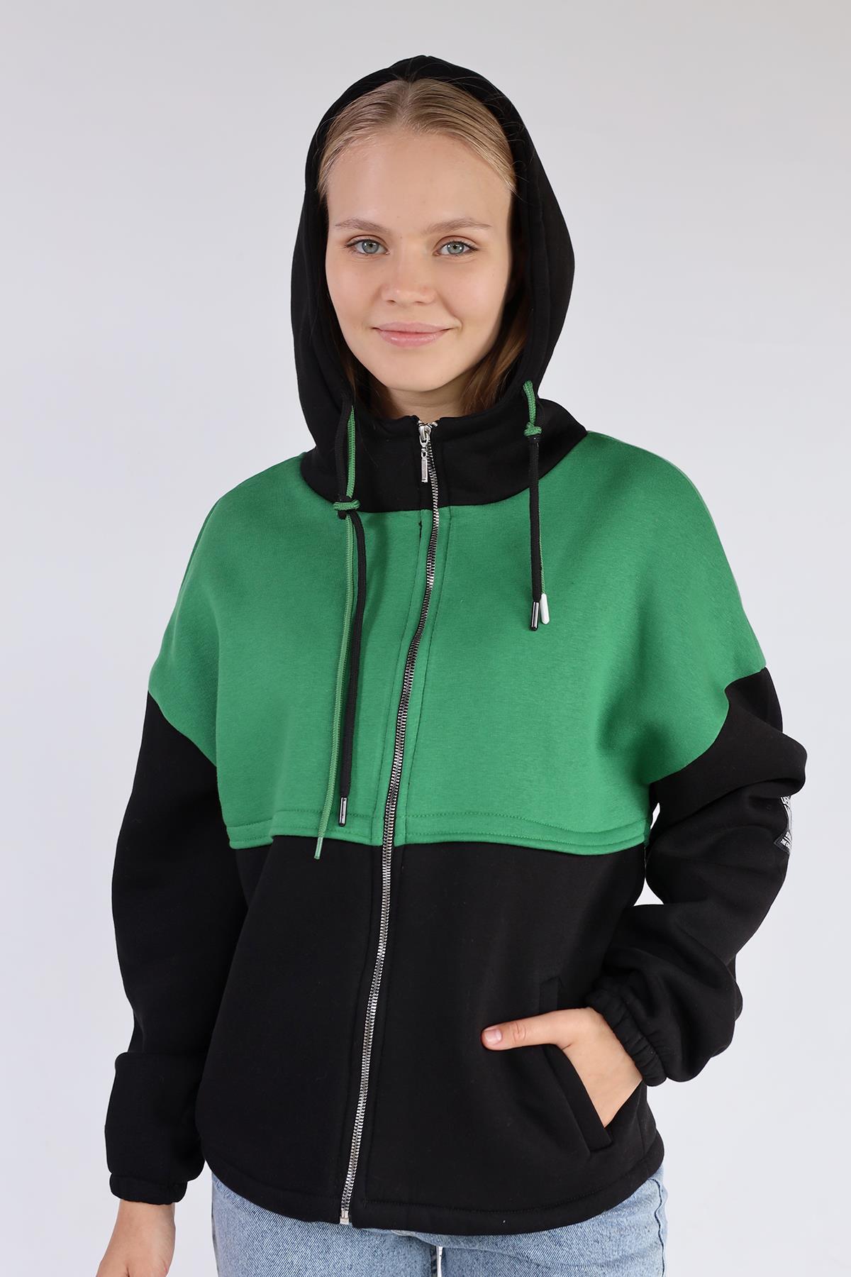 Siyah-Yeşil Fermuar Detay Çift Renk Sweat 9144M - 4