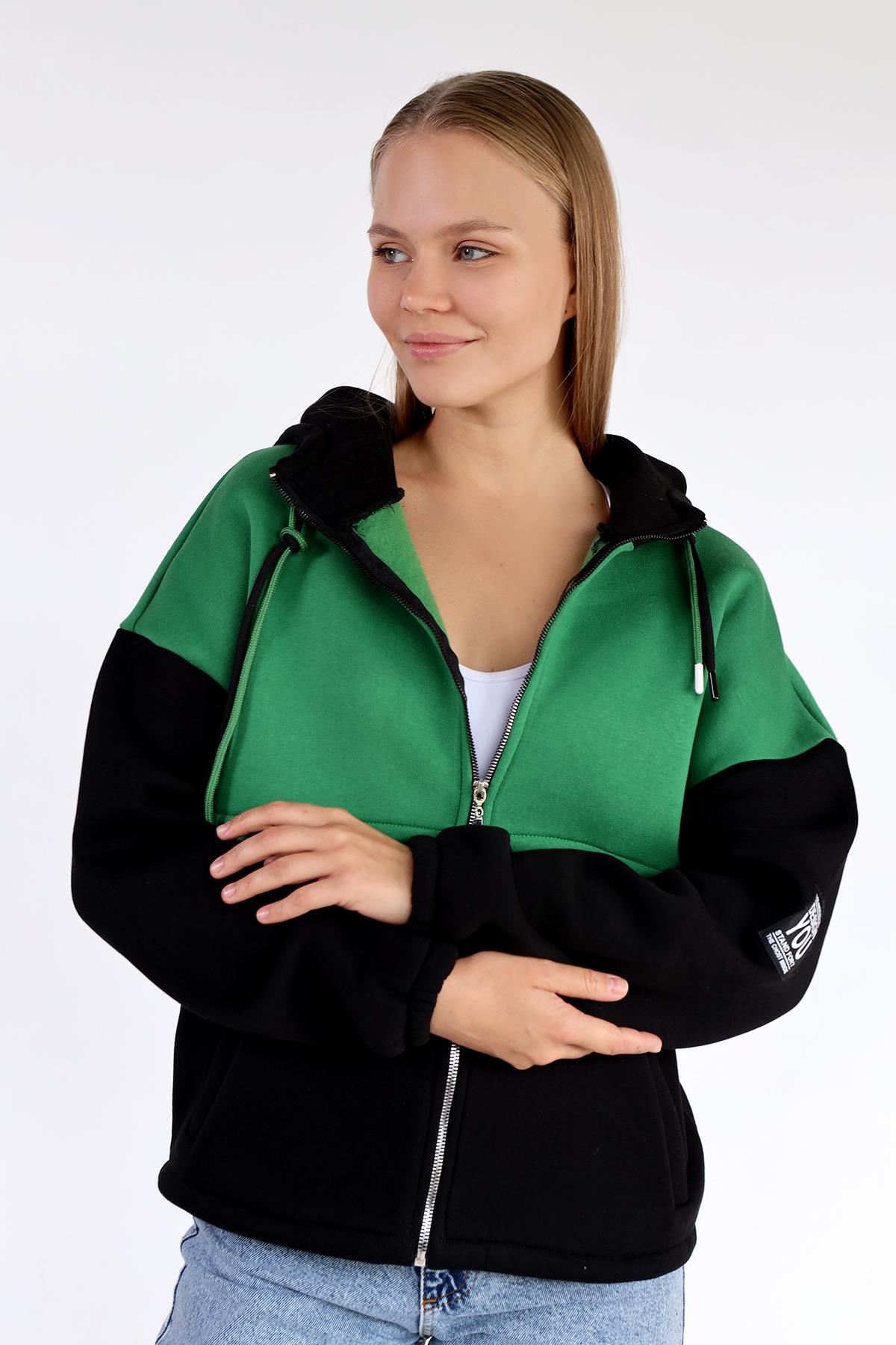 Siyah-Yeşil Fermuar Detay Çift Renk Sweat 9144M - 8