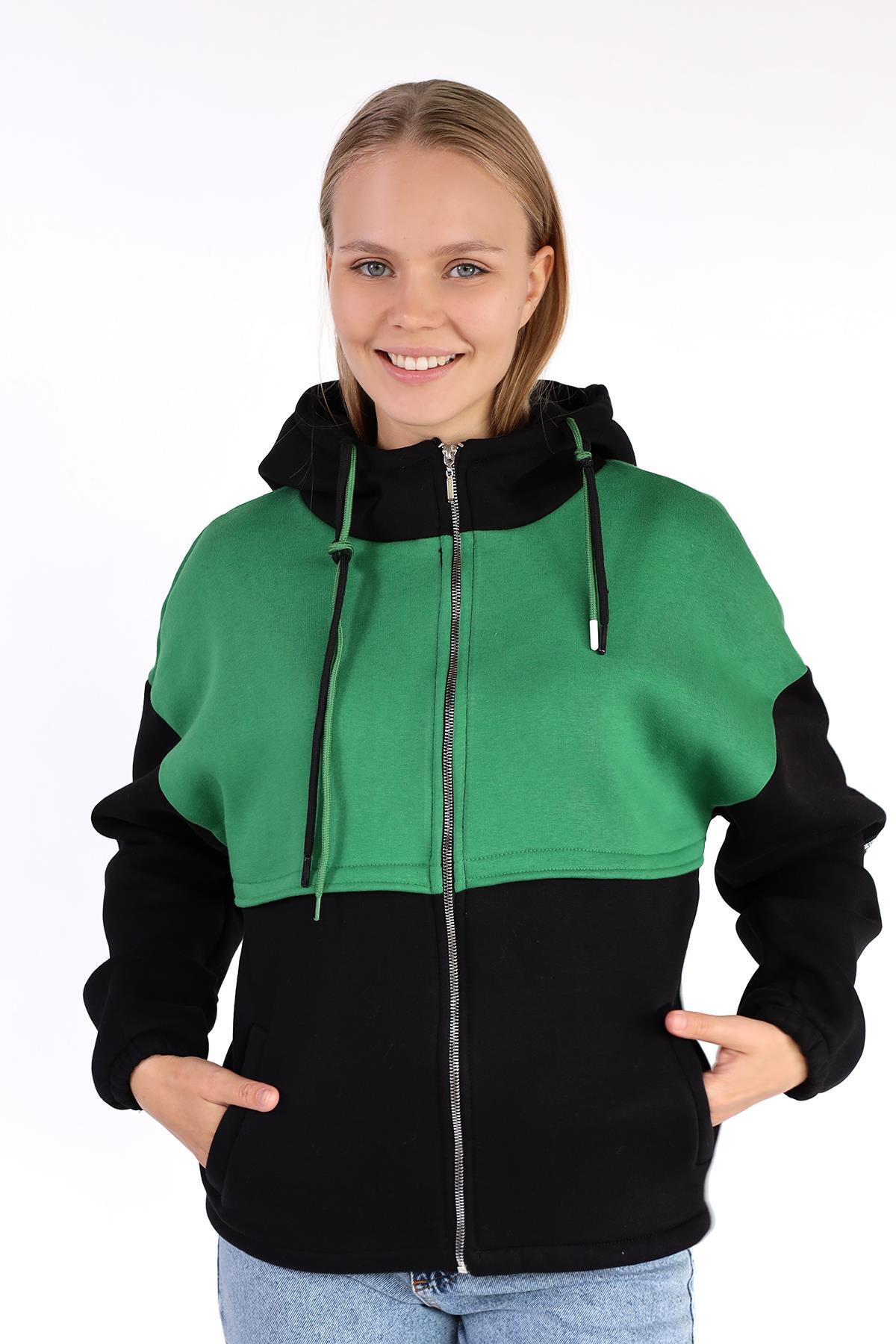 Siyah-Yeşil Fermuar Detay Çift Renk Sweat 9144M - 1