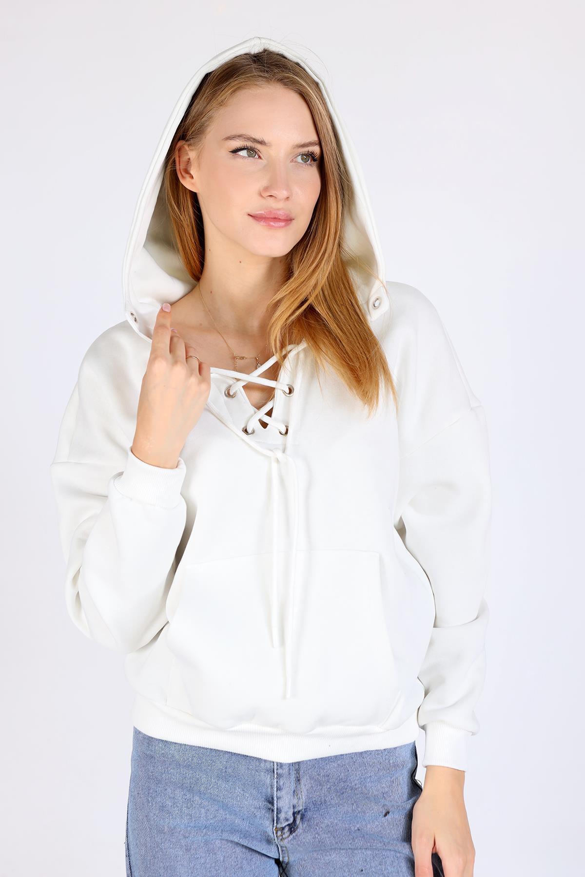 9145M Yaka Bağlama Detay Sweat Ekru - RAYS