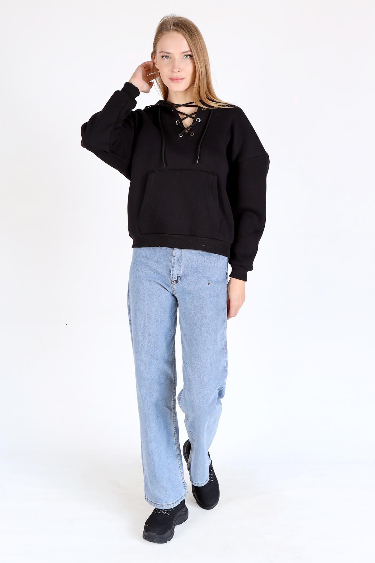 9145M Yaka Bağlama Detay Sweat Siyah - 2