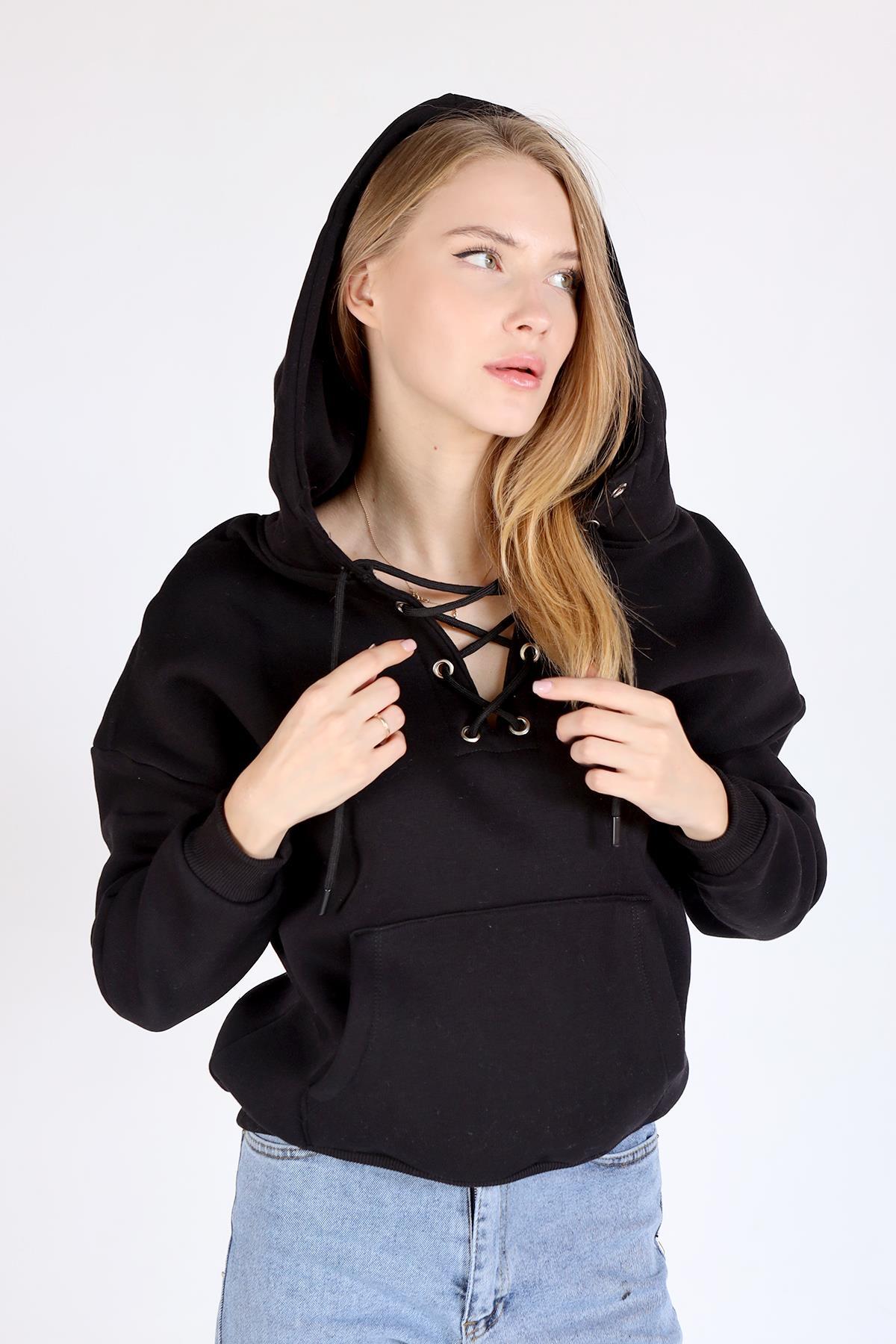 9145M Yaka Bağlama Detay Sweat Siyah - 7
