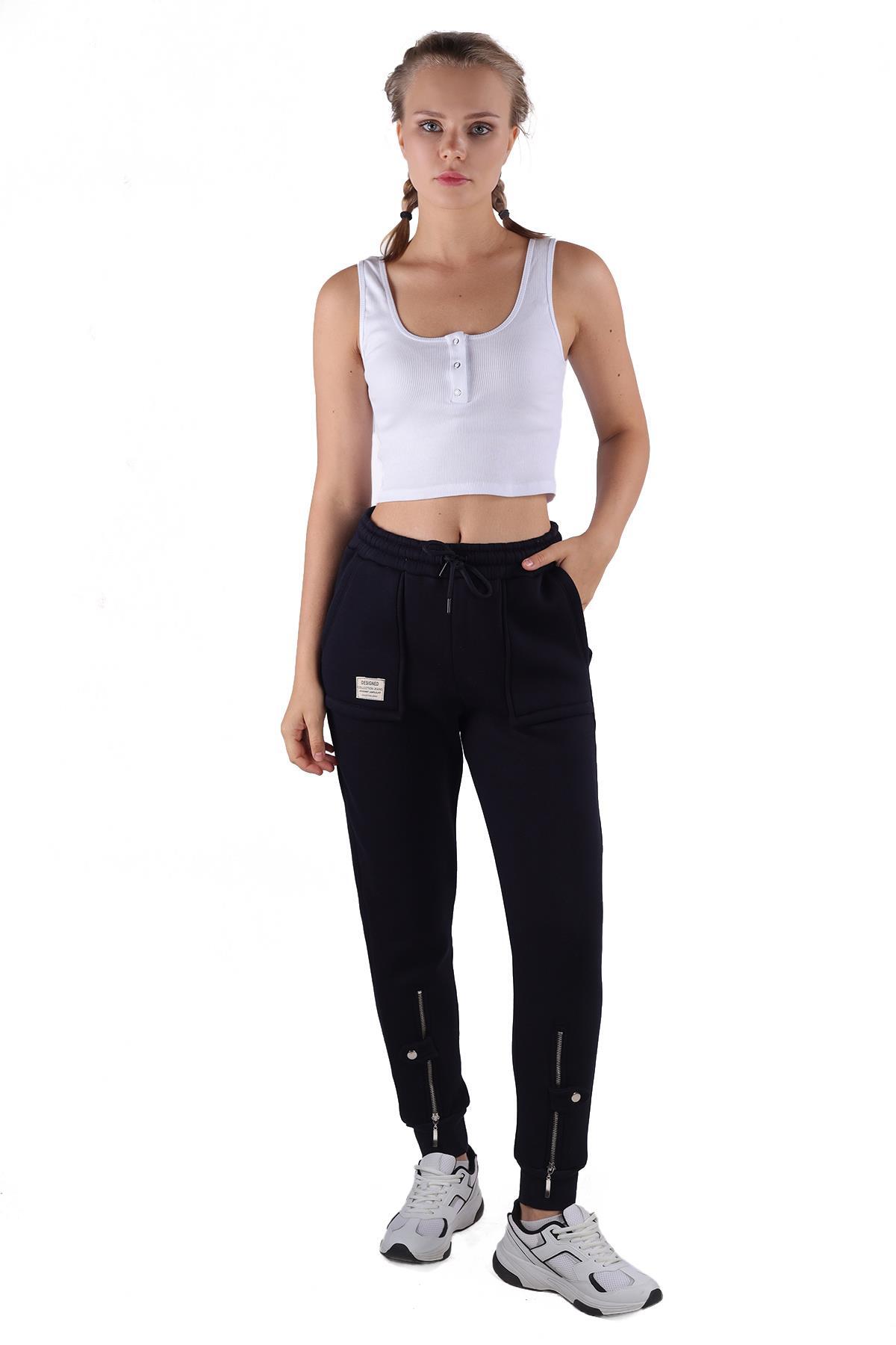 9146M Paça Fermuar Detay Slim Fit Eşofman Siyah 