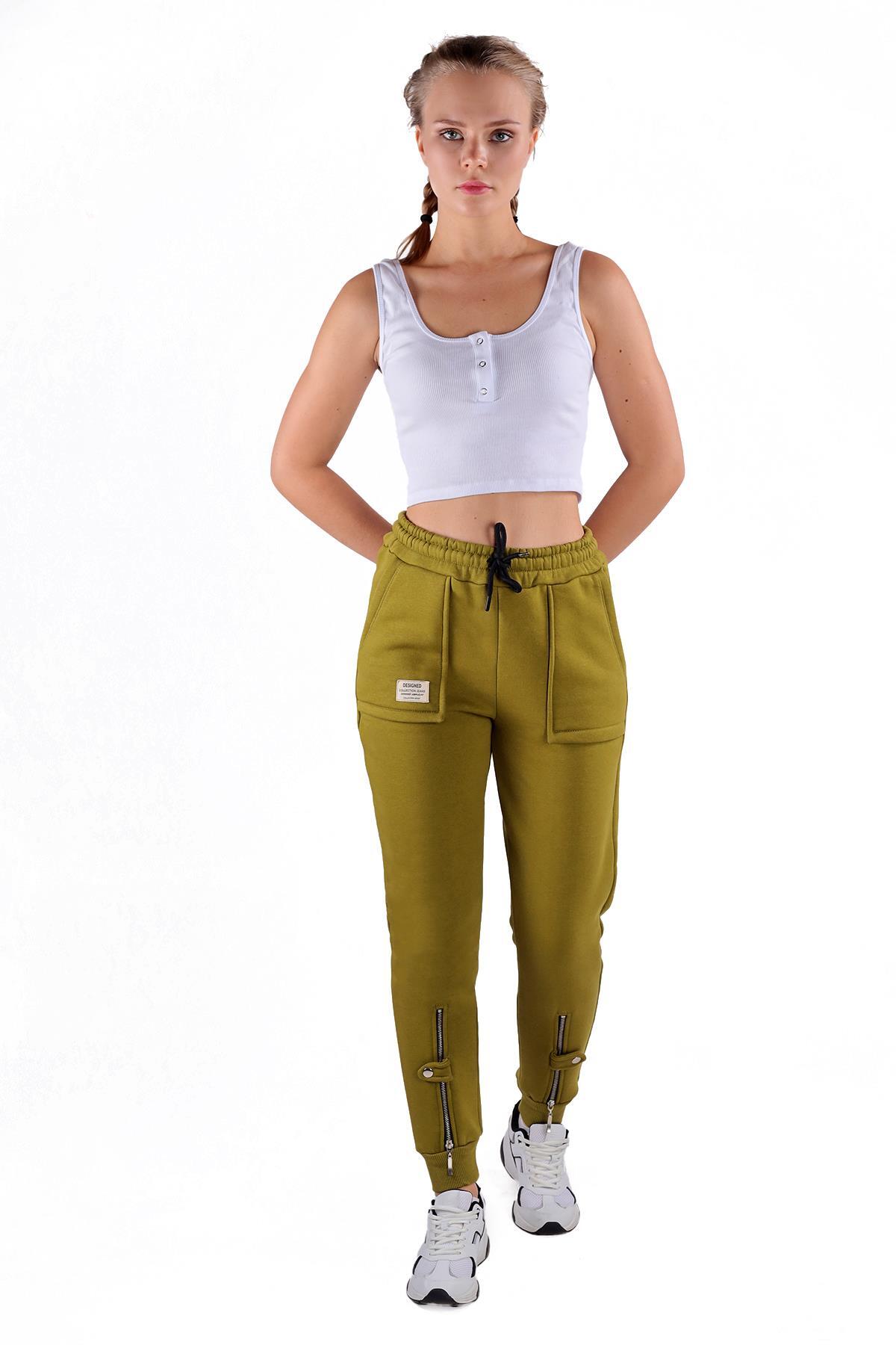 9146M Paça Fermuar Detay Slim Fit Eşofman Yağ Yeşili 