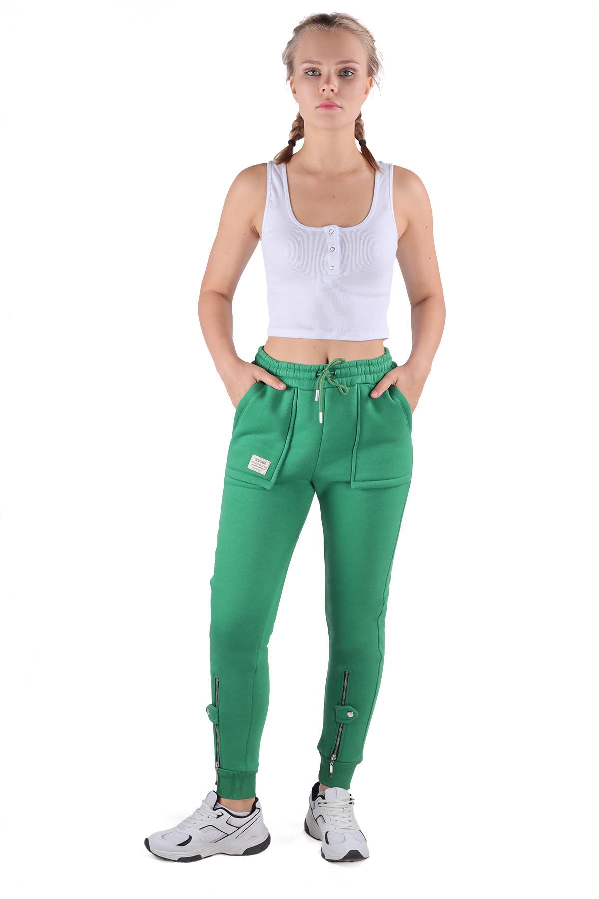 9146M Paça Fermuar Detay Slim Fit Eşofman Yeşil 