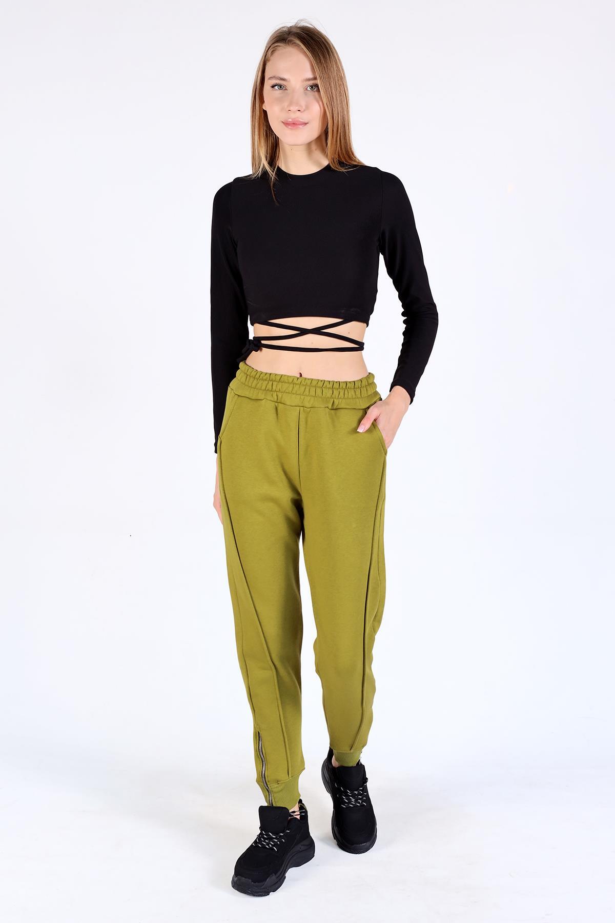 Yağ Yeşili Ön Çima Detay Paça Fermuarlı Eşofman 9147M - 3